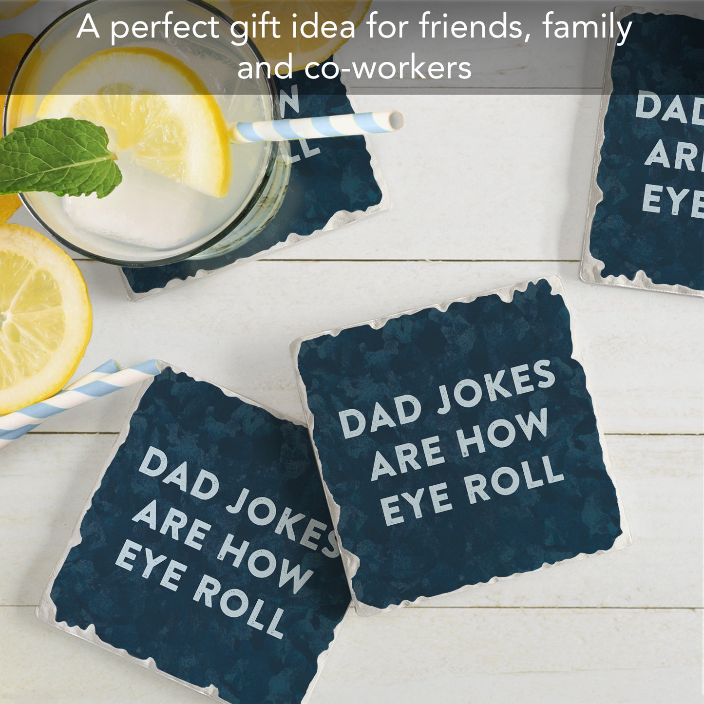 Thirstystone Dad Jokes 4 Pack Absorbent Stone Tumbled Tile Coasters with Protective Cork Backing 4" Square Manufactured in The USA Artistic Absorbent Easily Wipes Clean