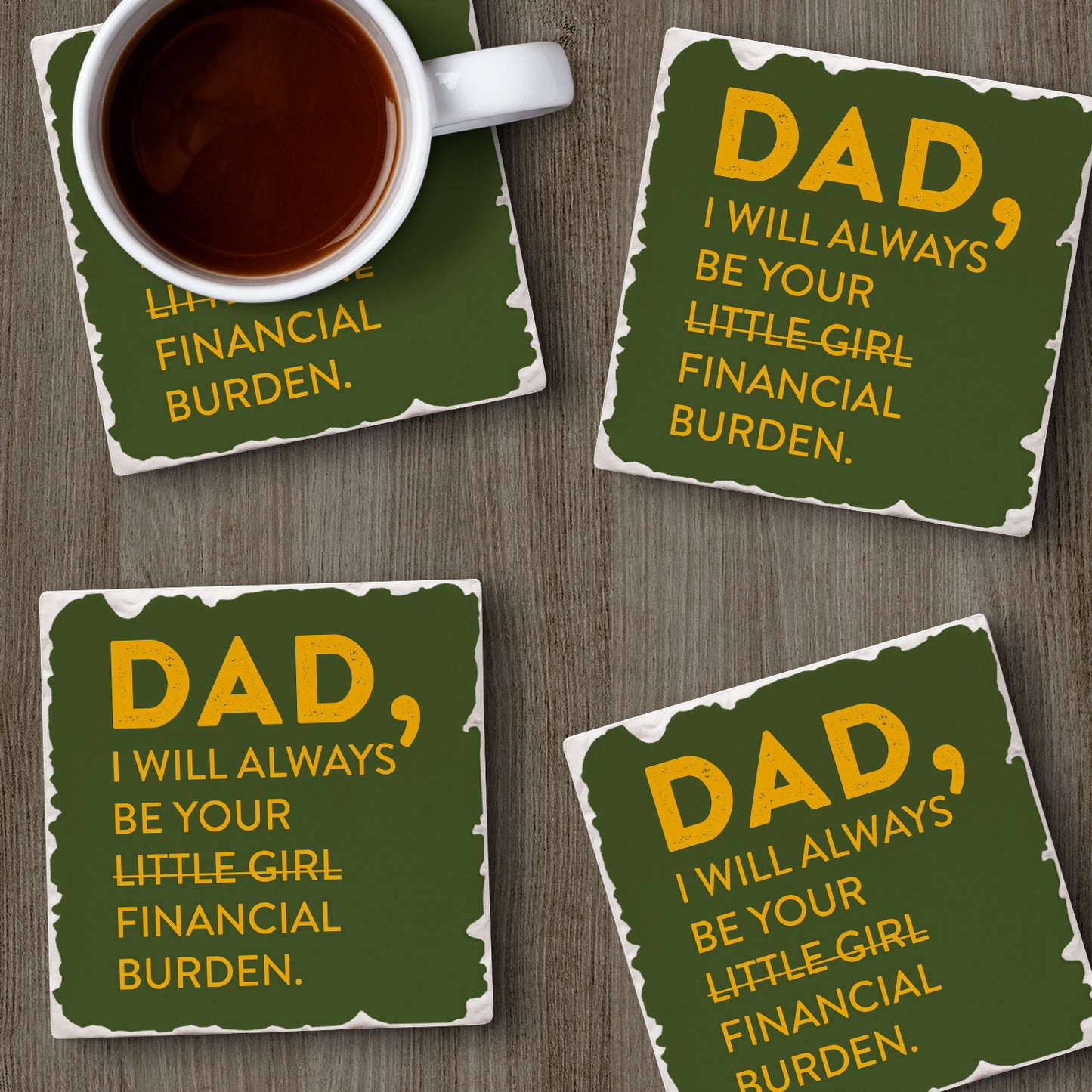 Thirstystone Dad's Financial Burden 4 Pack Absorbent Stone Tumbled Tile Coasters with Protective Cork Backing 4" Square Manufactured in The USA Artistic Absorbent Easily Wipes Clean