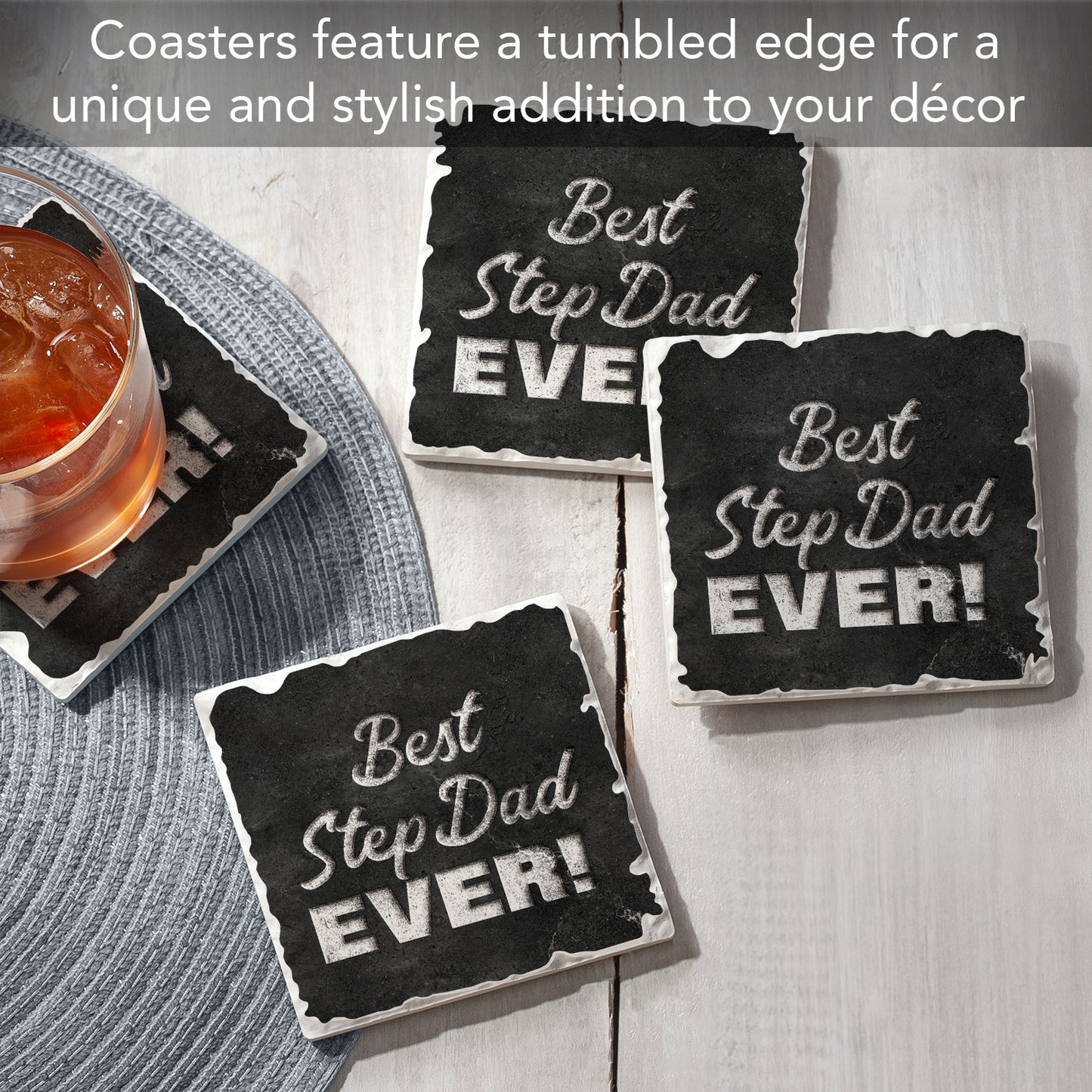 Thirstystone Best Step Dad Ever 4 Pack Absorbent Stone Tumbled Tile Coasters with Protective Cork Backing 4" Square Manufactured in The USA Artistic Absorbent Easily Wipes Clean