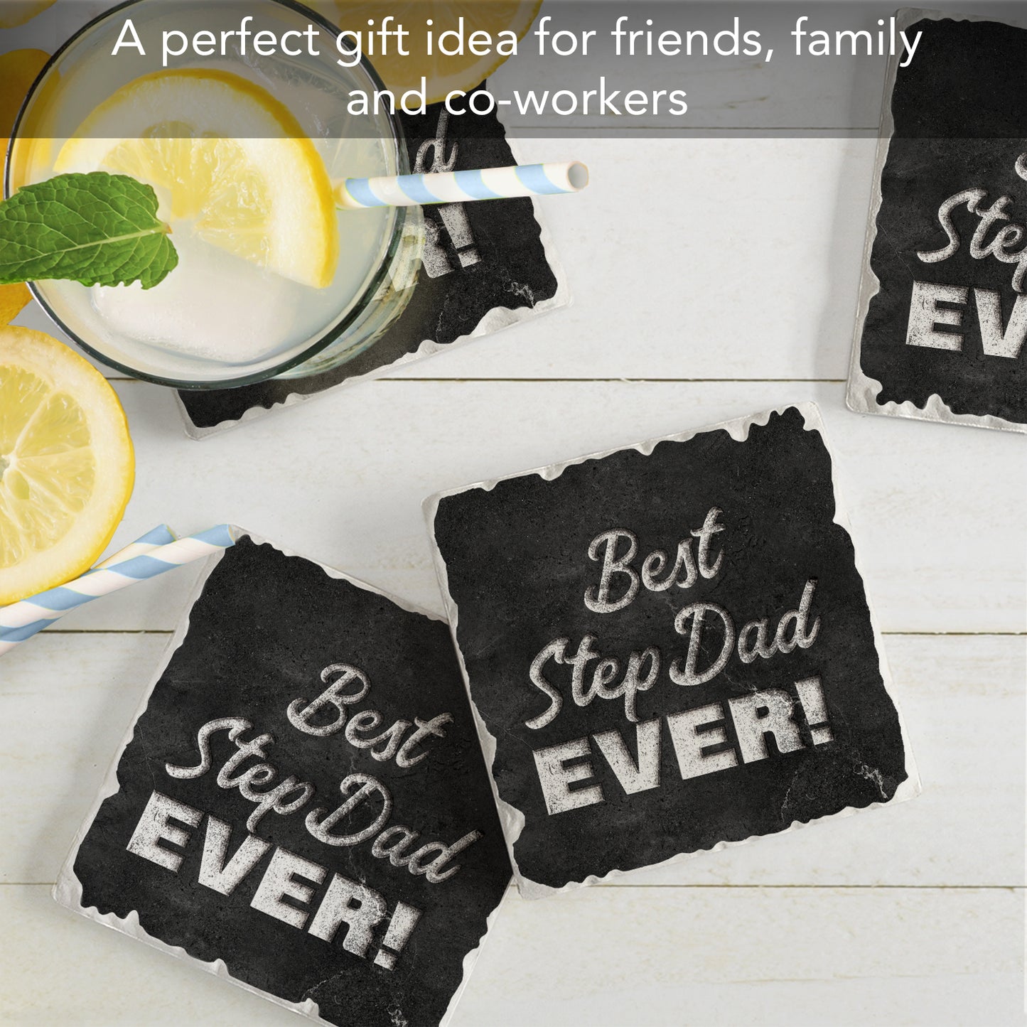 Thirstystone Best Step Dad Ever 4 Pack Absorbent Stone Tumbled Tile Coasters with Protective Cork Backing 4" Square Manufactured in The USA Artistic Absorbent Easily Wipes Clean