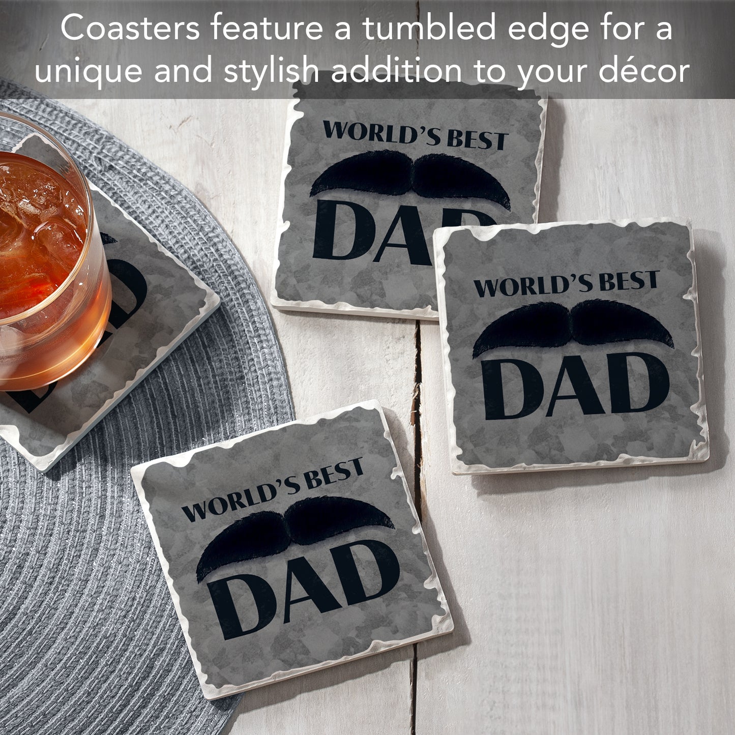 Thirstystone World's Best Dad 4 Pack Absorbent Stone Tumbled Tile Coasters with Protective Cork Backing 4" Square Manufactured in The USA Artistic Absorbent Easily Wipes Clean