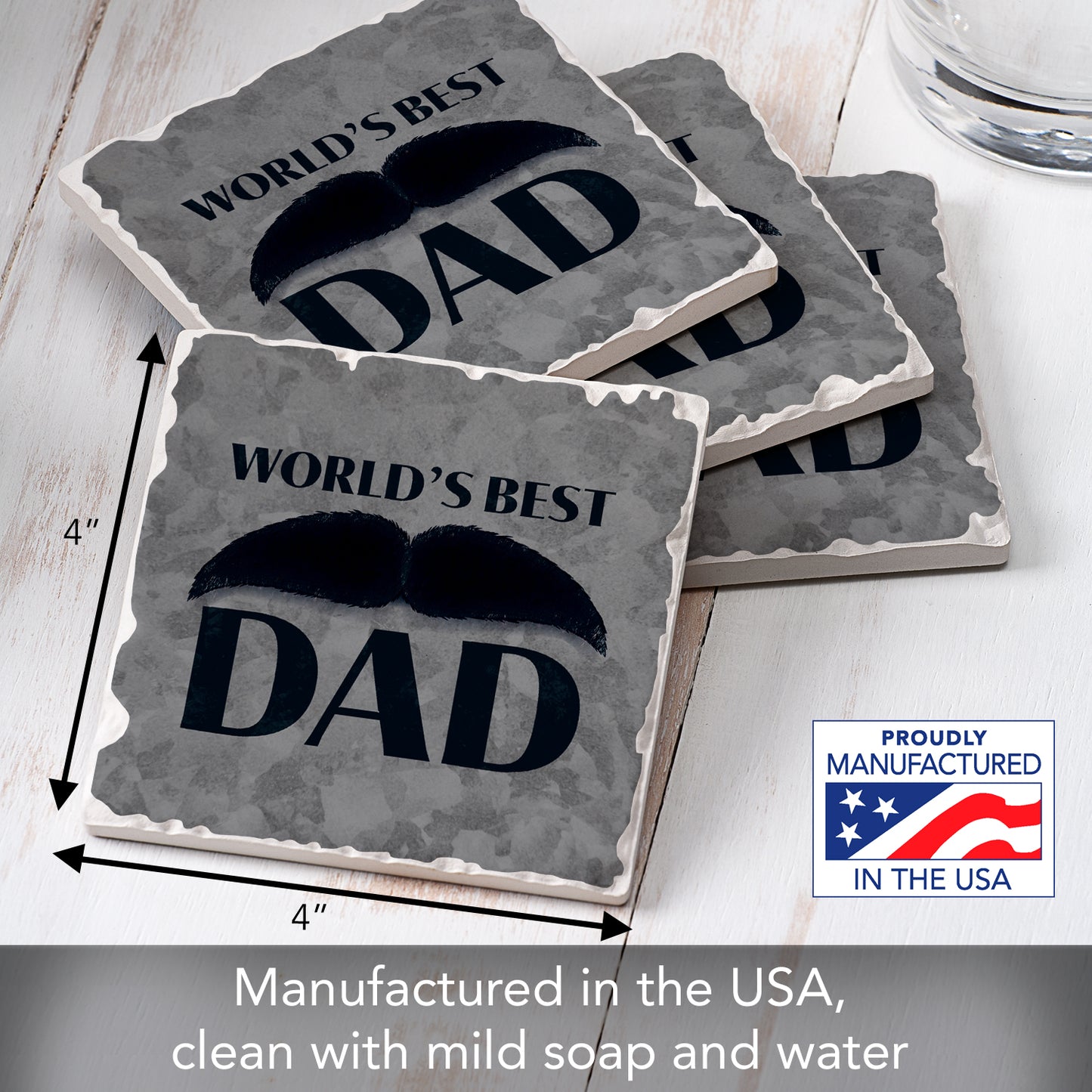 Thirstystone World's Best Dad 4 Pack Absorbent Stone Tumbled Tile Coasters with Protective Cork Backing 4" Square Manufactured in The USA Artistic Absorbent Easily Wipes Clean