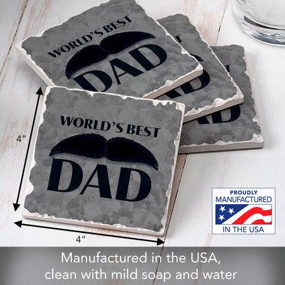Thirstystone World's Best Dad 4 Pack Absorbent Stone Tumbled Tile Coasters with Protective Cork Backing 4" Square Manufactured in The USA Artistic Absorbent Easily Wipes Clean