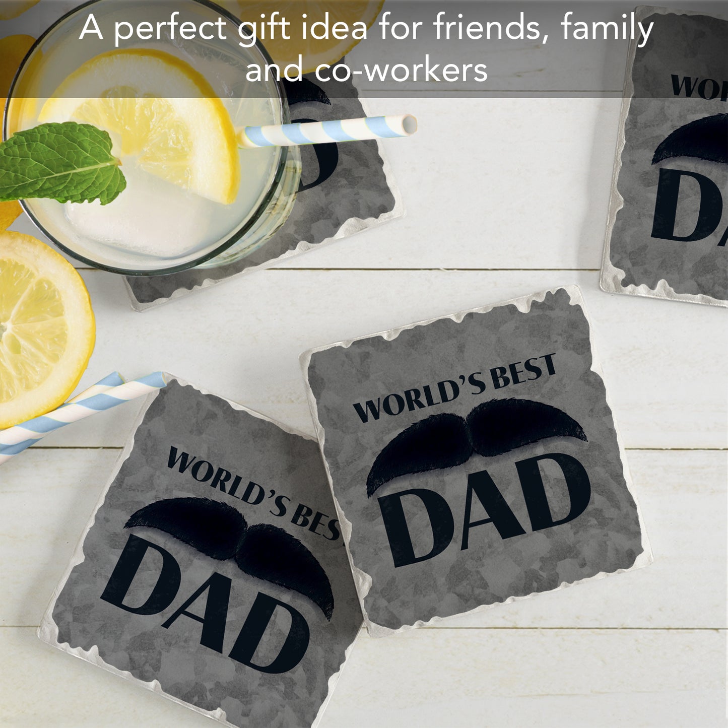 Thirstystone World's Best Dad 4 Pack Absorbent Stone Tumbled Tile Coasters with Protective Cork Backing 4" Square Manufactured in The USA Artistic Absorbent Easily Wipes Clean
