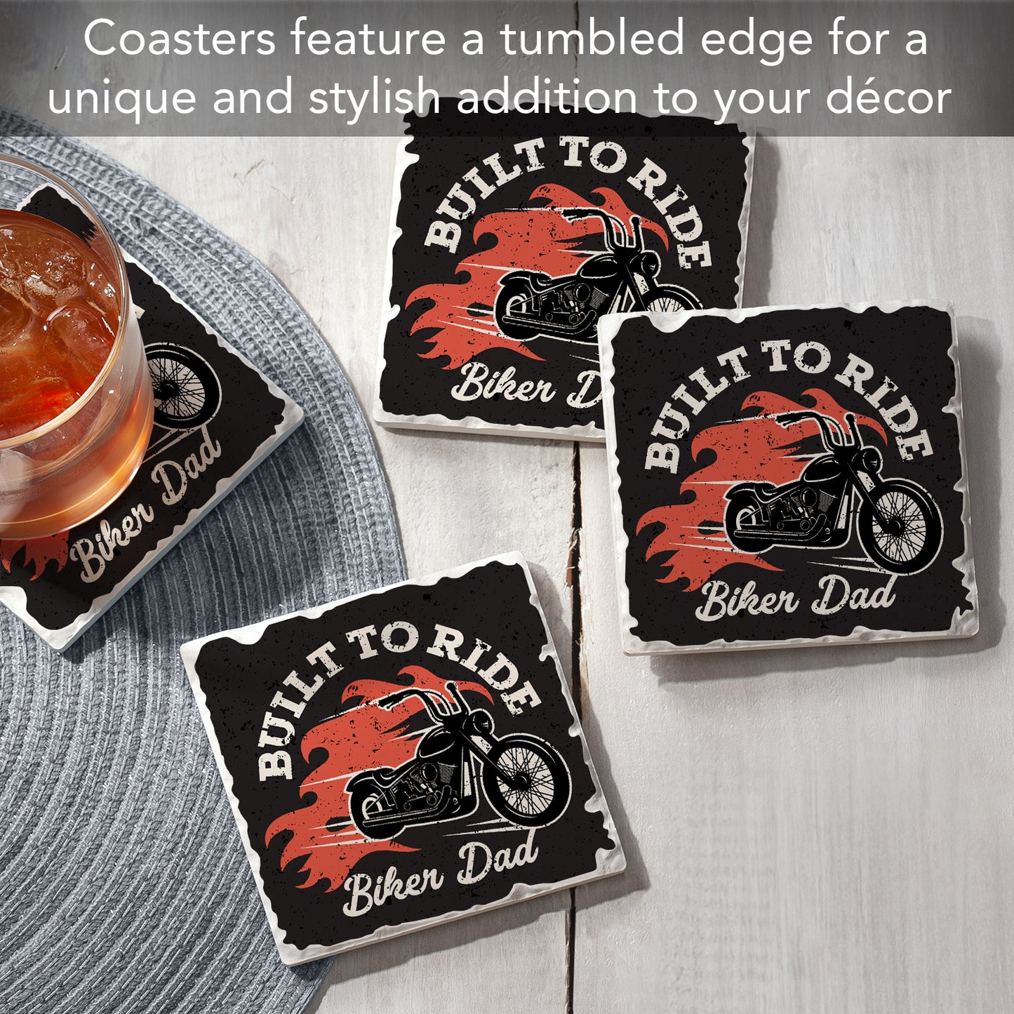 Thirstystone Biker Dad 4 Pack Absorbent Stone Tumbled Tile Coasters with Protective Cork Backing 4" Square Manufactured in The USA Artistic Absorbent Easily Wipes Clean