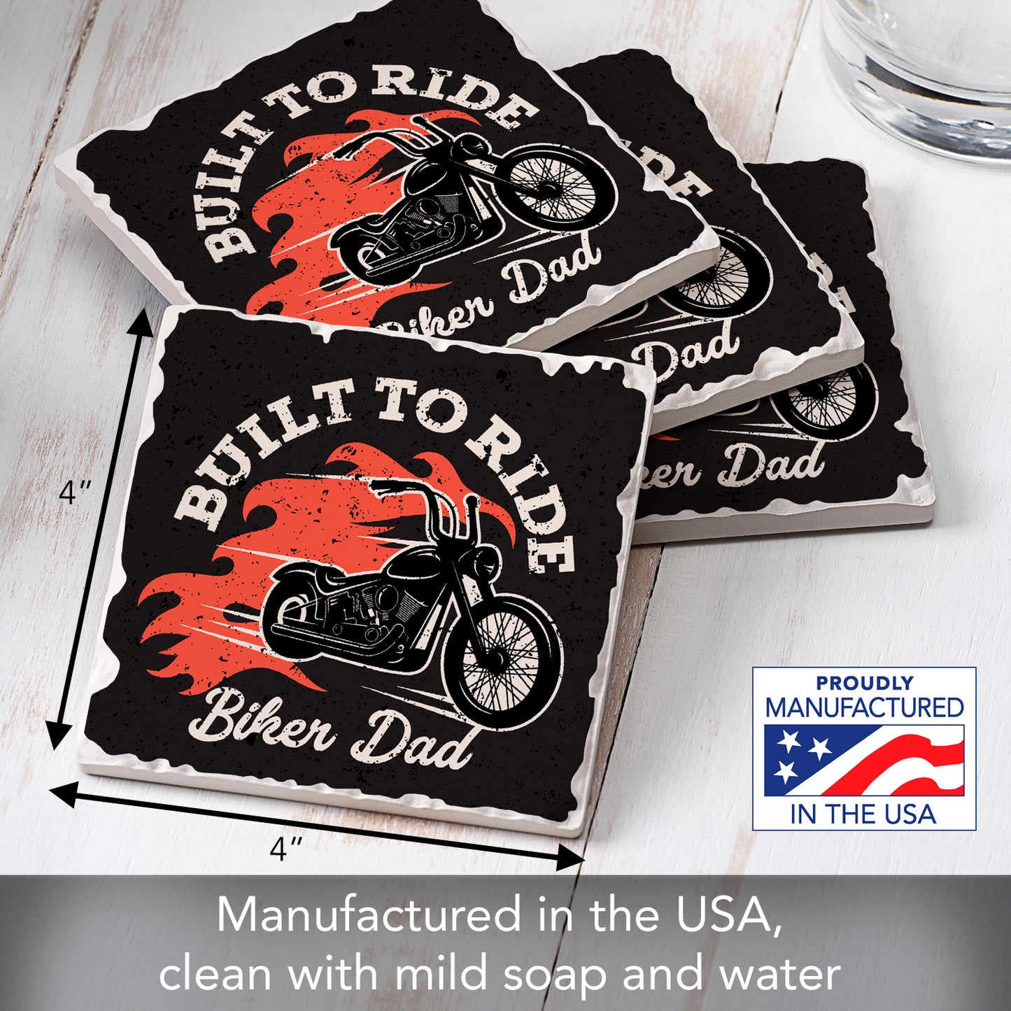 Thirstystone Biker Dad 4 Pack Absorbent Stone Tumbled Tile Coasters with Protective Cork Backing 4" Square Manufactured in The USA Artistic Absorbent Easily Wipes Clean