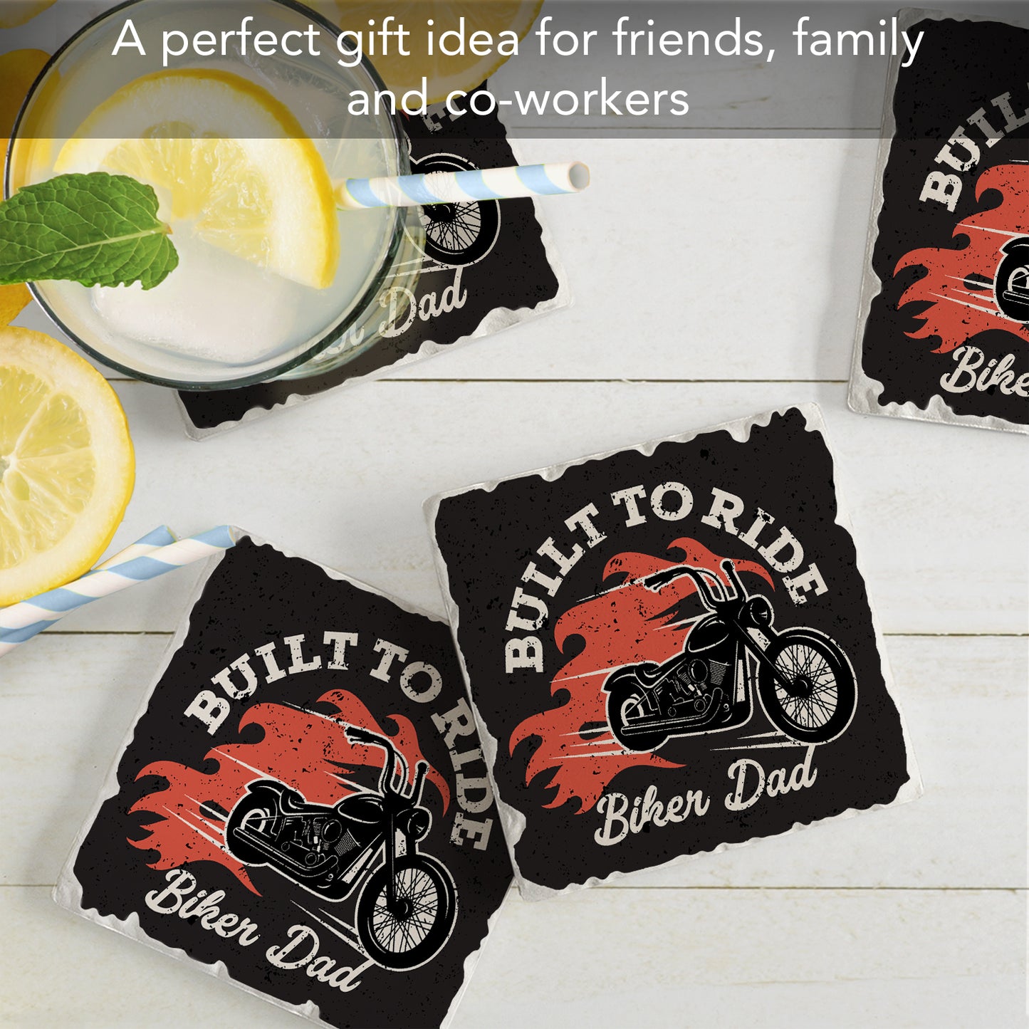 Thirstystone Biker Dad 4 Pack Absorbent Stone Tumbled Tile Coasters with Protective Cork Backing 4" Square Manufactured in The USA Artistic Absorbent Easily Wipes Clean