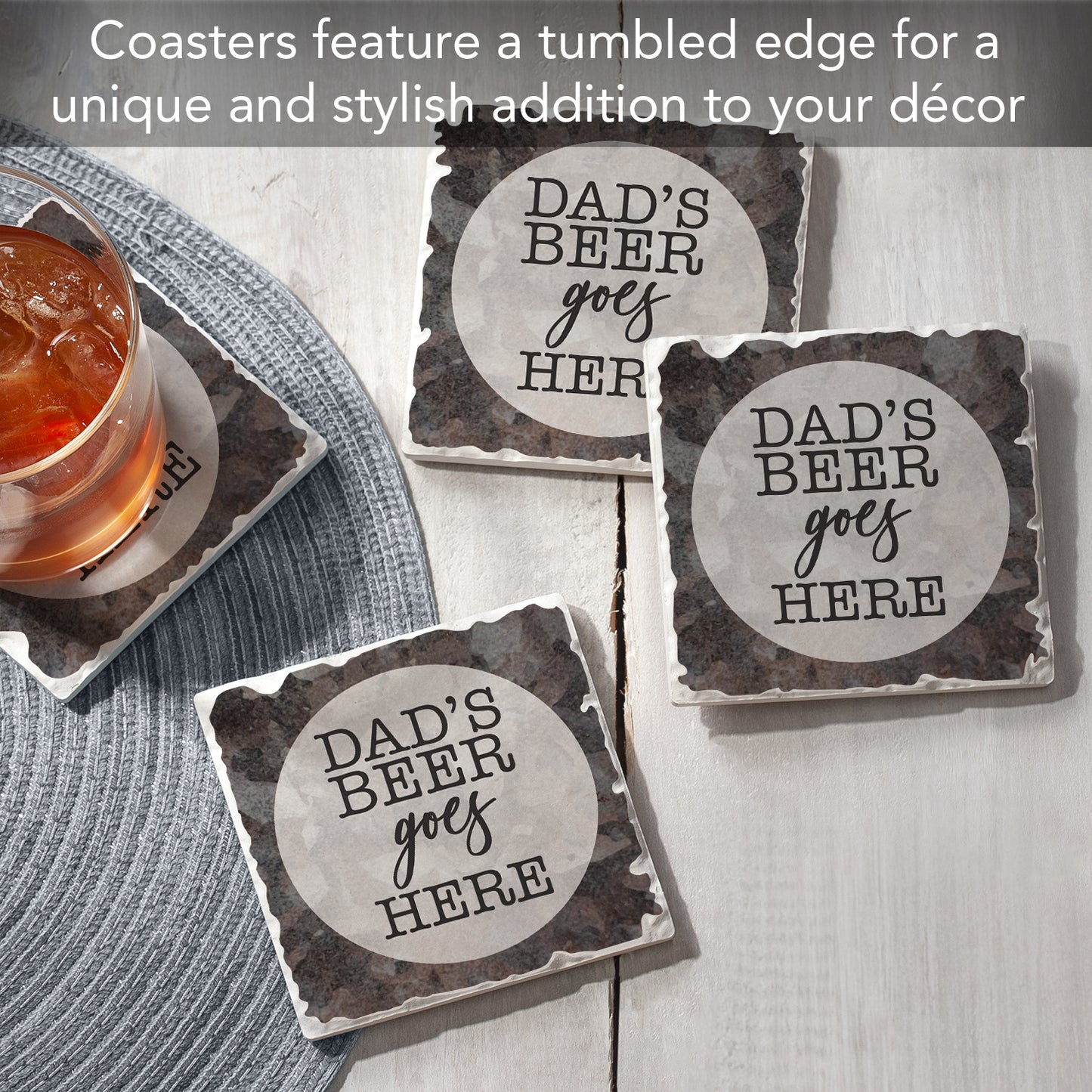 Thirstystone Dad's Beer Goes Here 4 Pack Absorbent Stone Tumbled Tile Coasters with Protective Cork Backing 4" Square Manufactured in The USA Artistic Absorbent Easily Wipes Clean