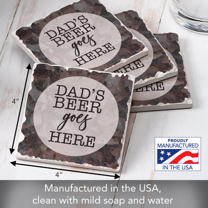 Thirstystone Dad's Beer Goes Here 4 Pack Absorbent Stone Tumbled Tile Coasters with Protective Cork Backing 4" Square Manufactured in The USA Artistic Absorbent Easily Wipes Clean