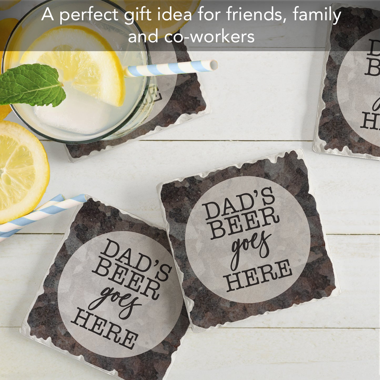 Thirstystone Dad's Beer Goes Here 4 Pack Absorbent Stone Tumbled Tile Coasters with Protective Cork Backing 4" Square Manufactured in The USA Artistic Absorbent Easily Wipes Clean