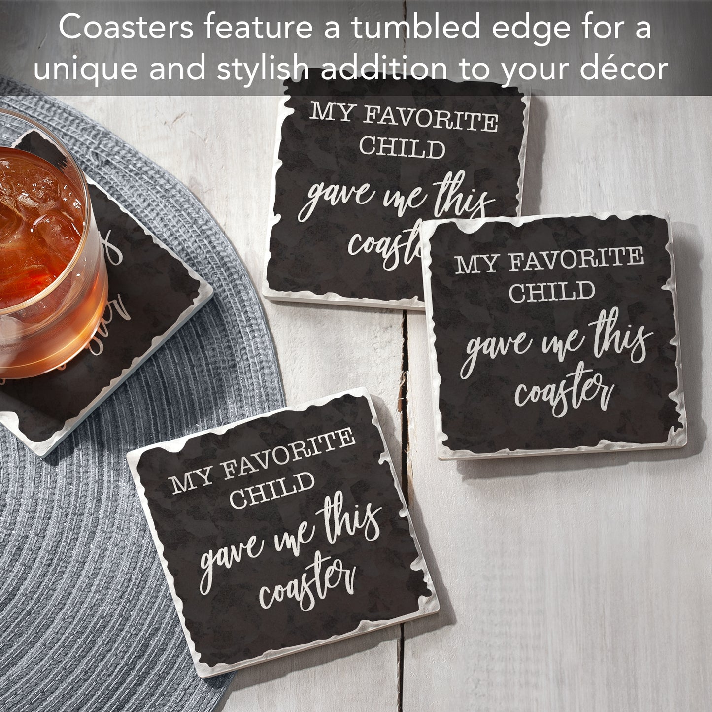 Thirstystone Favorite Child 4 Pack Absorbent Stone Tumbled Tile Coasters with Protective Cork Backing 4" Square Manufactured in The USA Artistic Absorbent Easily Wipes Clean