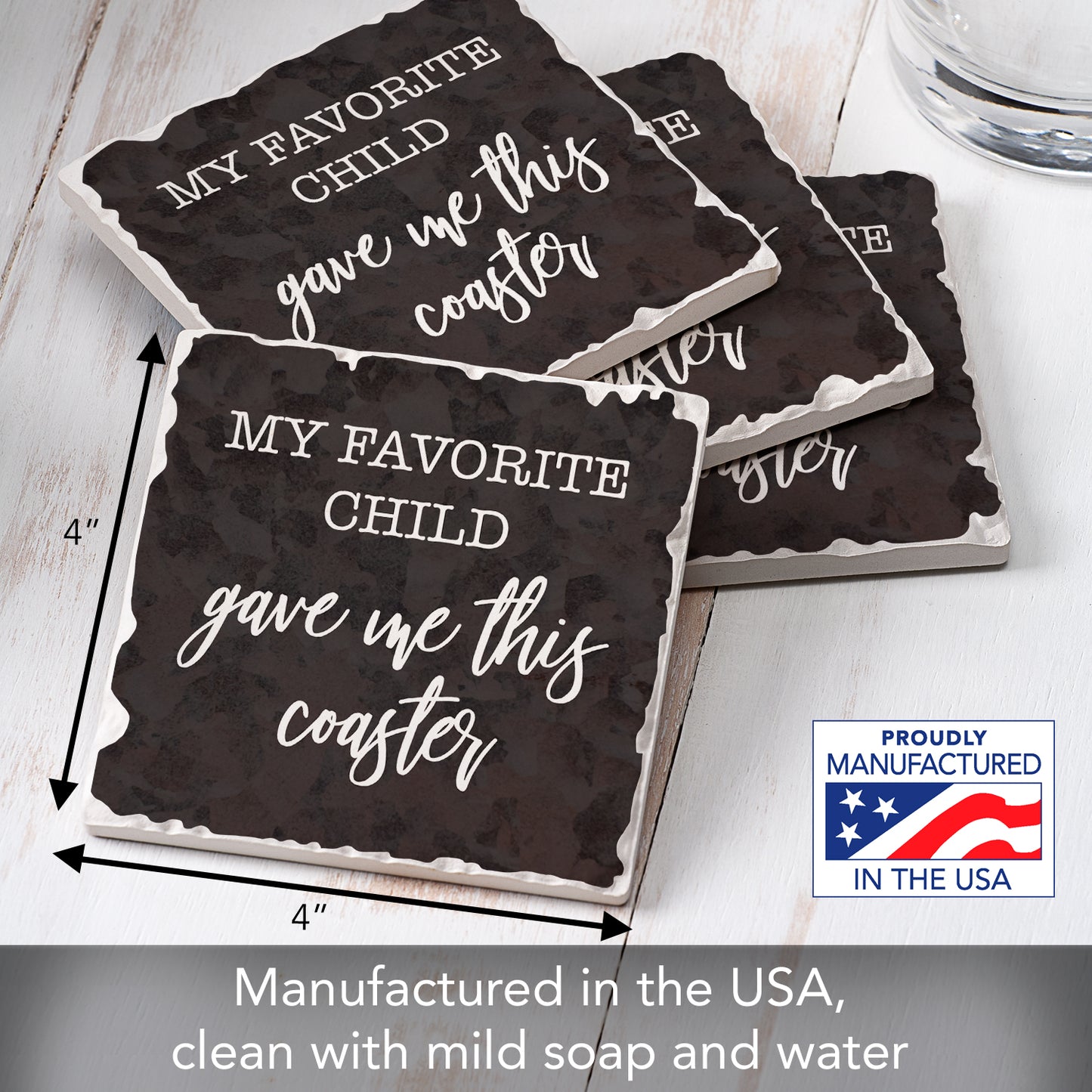 Thirstystone Favorite Child 4 Pack Absorbent Stone Tumbled Tile Coasters with Protective Cork Backing 4" Square Manufactured in The USA Artistic Absorbent Easily Wipes Clean