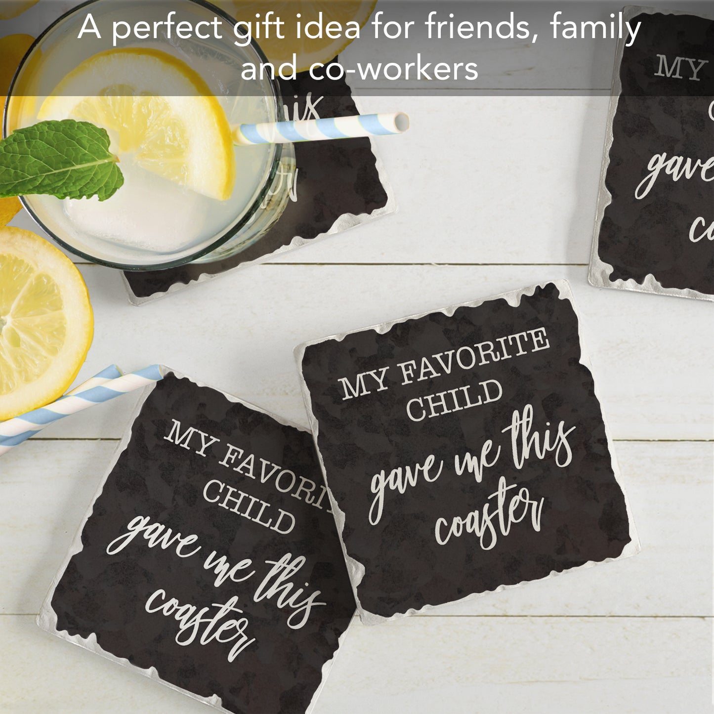 Thirstystone Favorite Child 4 Pack Absorbent Stone Tumbled Tile Coasters with Protective Cork Backing 4" Square Manufactured in The USA Artistic Absorbent Easily Wipes Clean