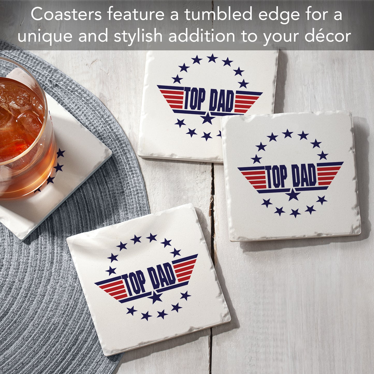 Thirstystone Top Dad 4 Pack Absorbent Stone Tumbled Tile Coasters with Protective Cork Backing 4" Square Manufactured in The USA Artistic Absorbent Easily Wipes Clean