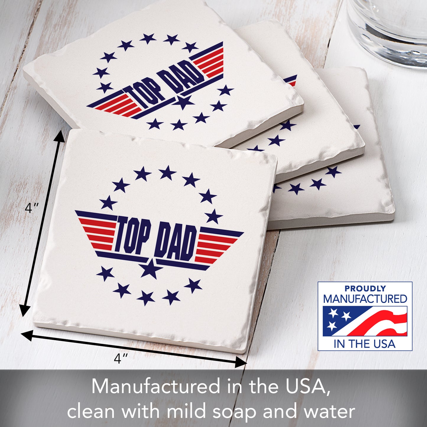 Thirstystone Top Dad 4 Pack Absorbent Stone Tumbled Tile Coasters with Protective Cork Backing 4" Square Manufactured in The USA Artistic Absorbent Easily Wipes Clean