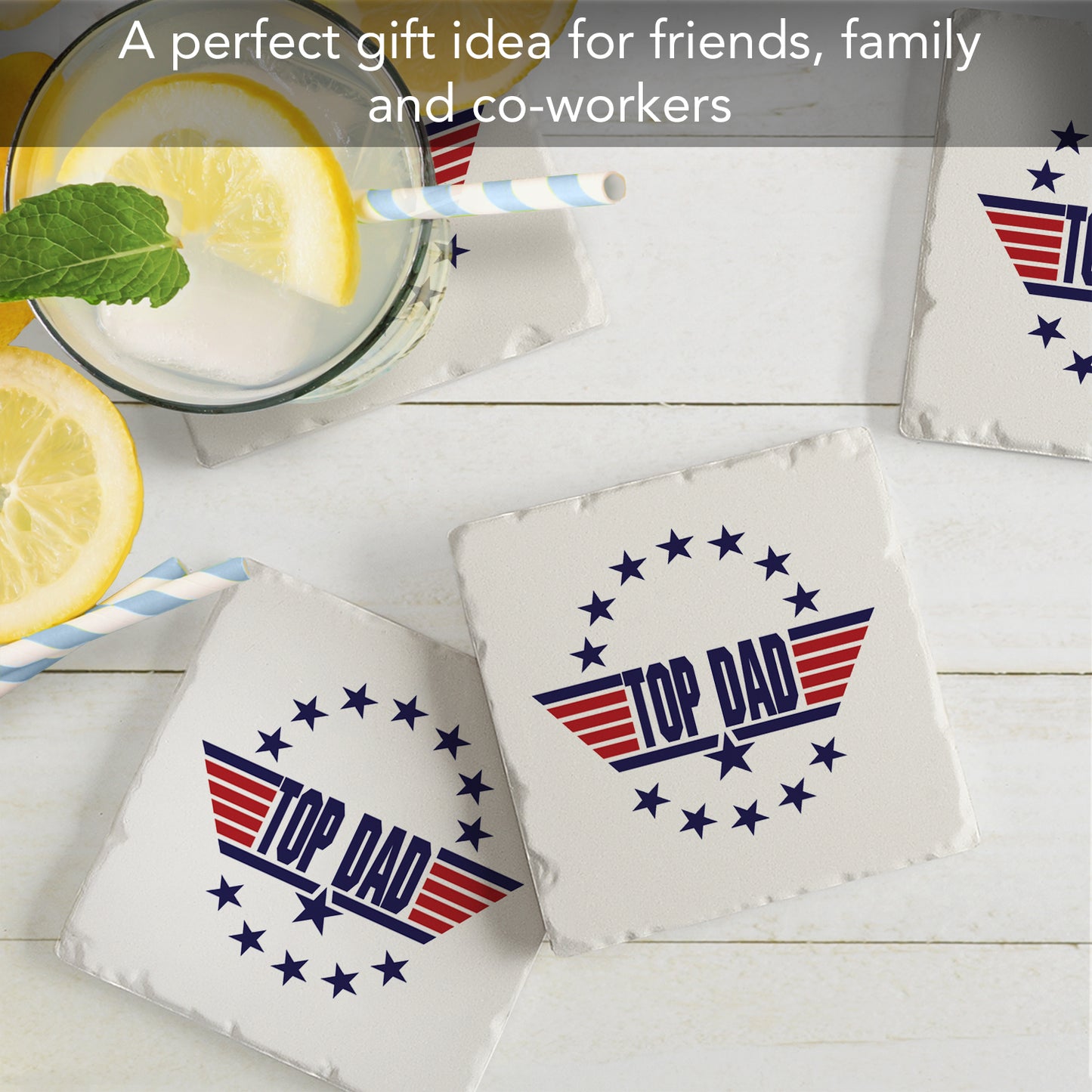 Thirstystone Top Dad 4 Pack Absorbent Stone Tumbled Tile Coasters with Protective Cork Backing 4" Square Manufactured in The USA Artistic Absorbent Easily Wipes Clean