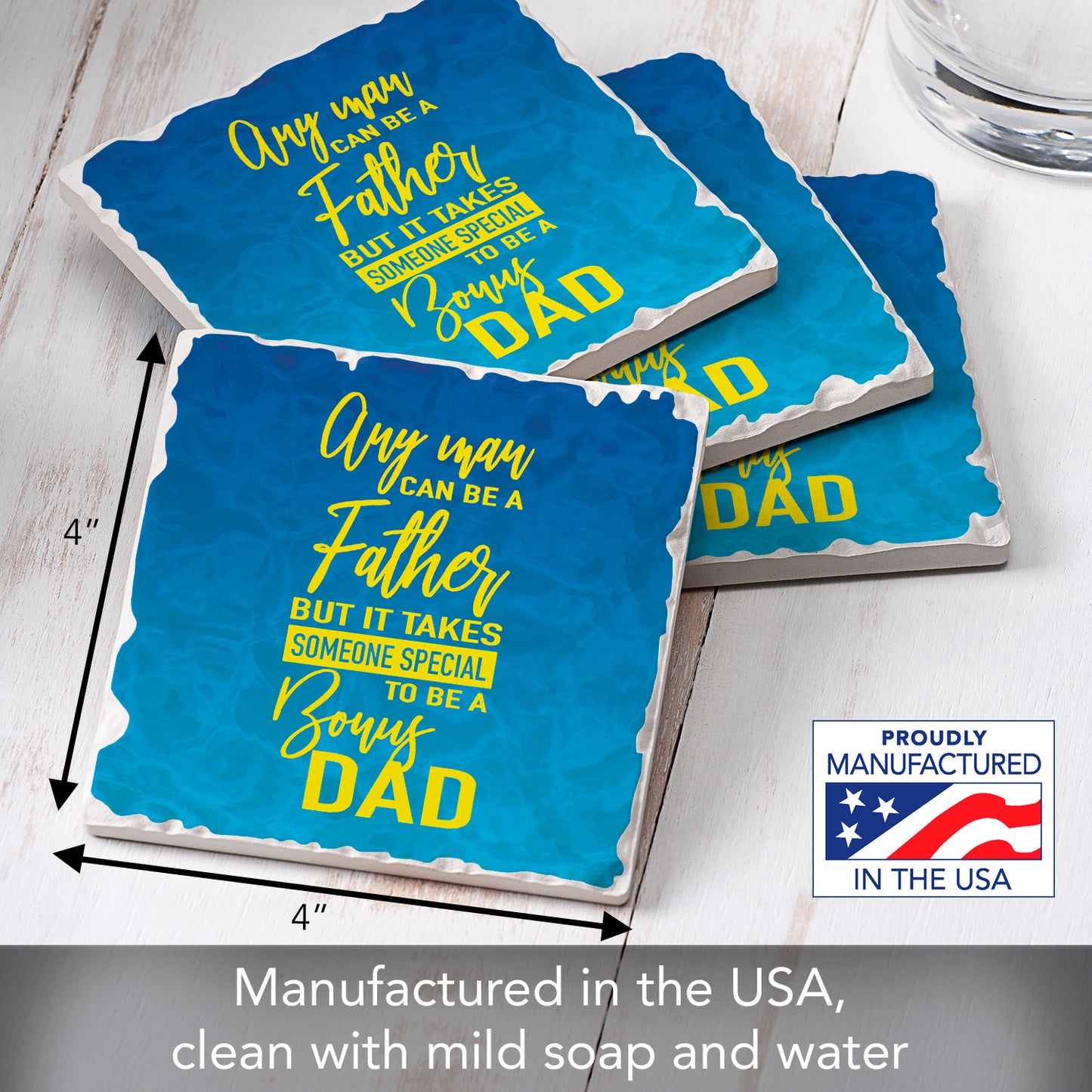 Thirstystone Bonus Dad 4 Pack Absorbent Stone Tumbled Tile Coasters with Protective Cork Backing 4" Square Manufactured in The USA Artistic Absorbent Easily Wipes Clean