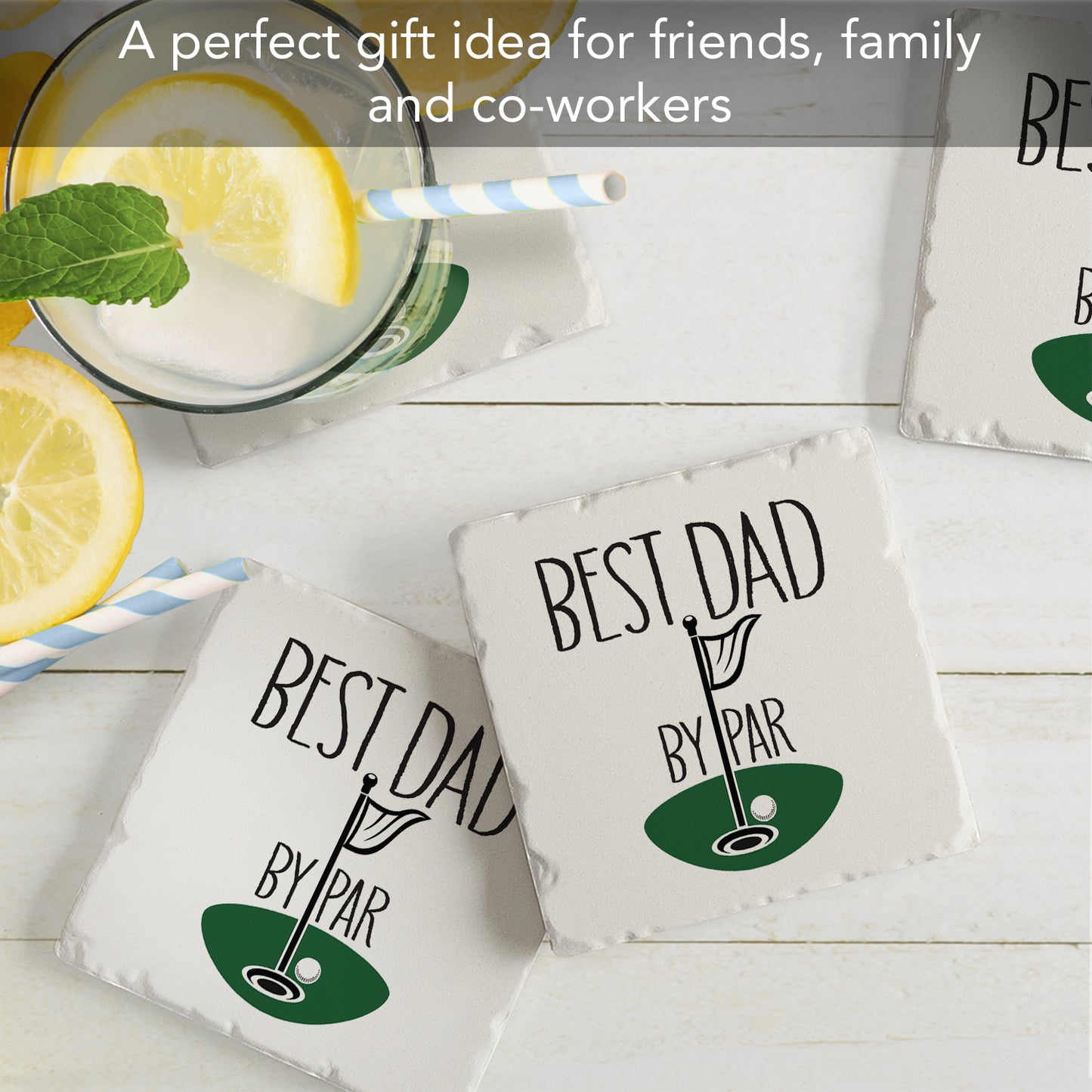 Thirstystone Best Dad by Par 4 Pack Absorbent Stone Tumbled Tile Coasters with Protective Cork Backing 4" Square Manufactured in The USA Artistic Absorbent Easily Wipes Clean