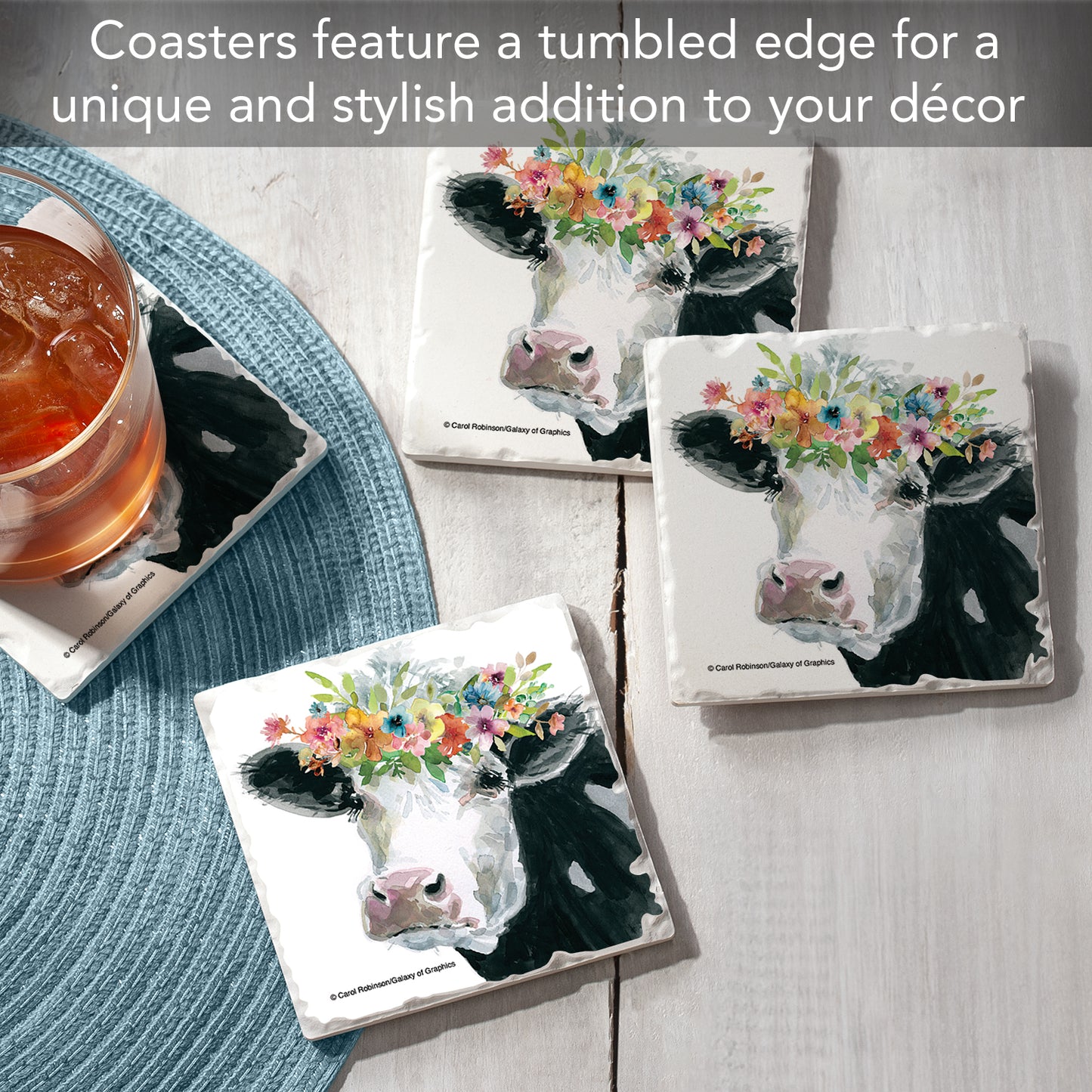 Thirstystone Floral Cow 4 Pack Tumbled Tile Stone Coasters 4" Square Manufactured in the USA