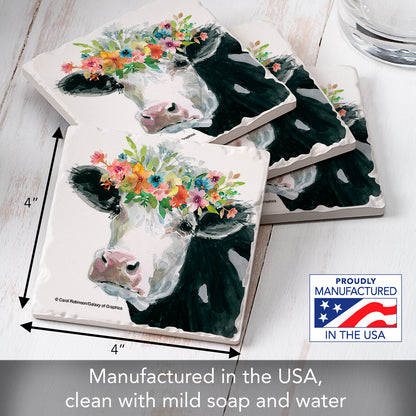 Thirstystone Floral Cow 4 Pack Tumbled Tile Stone Coasters 4" Square Manufactured in the USA