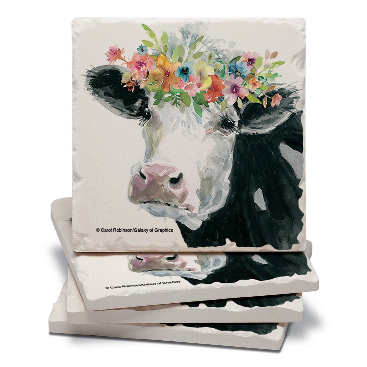 Thirstystone Floral Cow 4 Pack Tumbled Tile Stone Coasters 4" Square Manufactured in the USA
