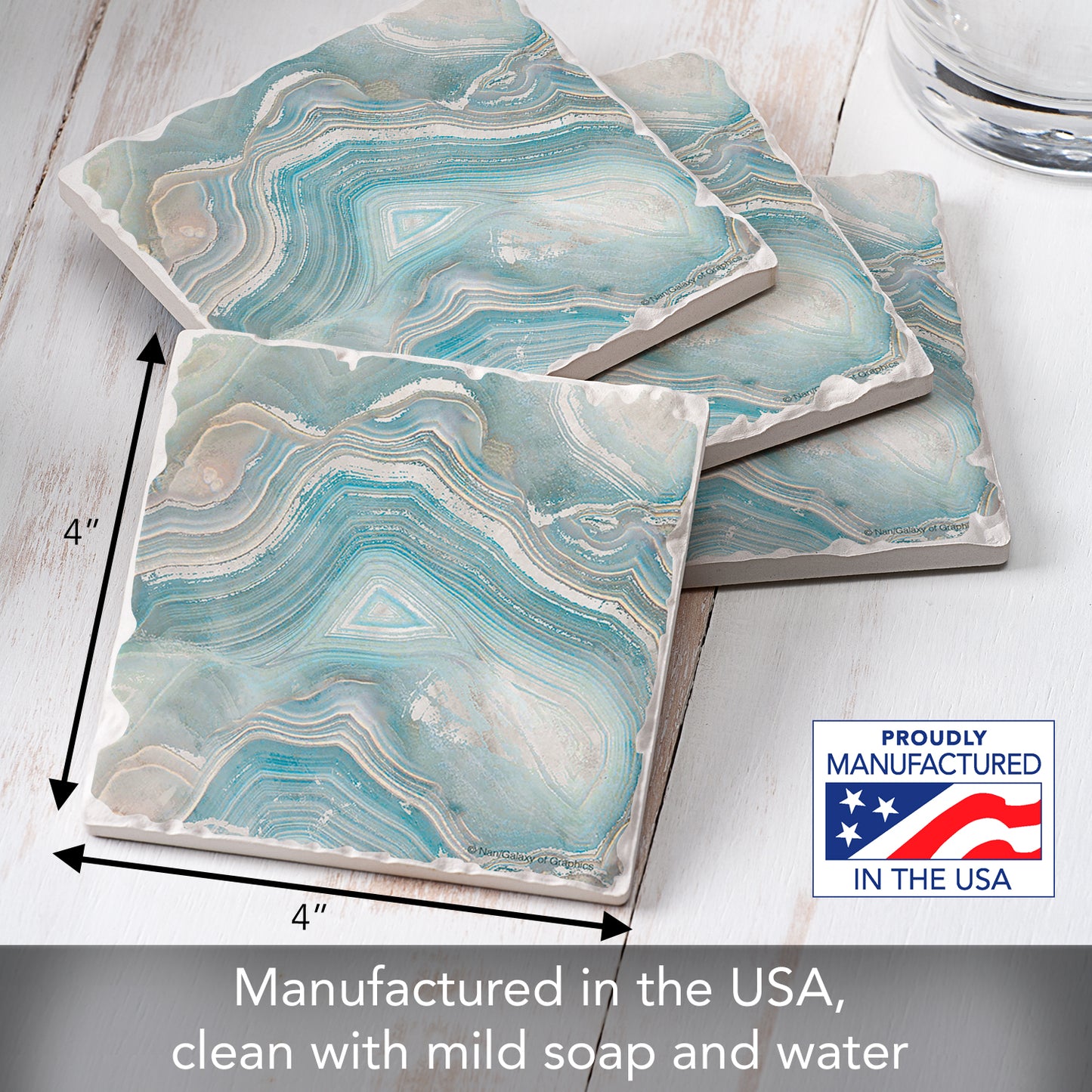 Thirstystone Agate in Blue 4 Pack Tumbled Tile Stone Coasters 4" Square Manufactured in the USA