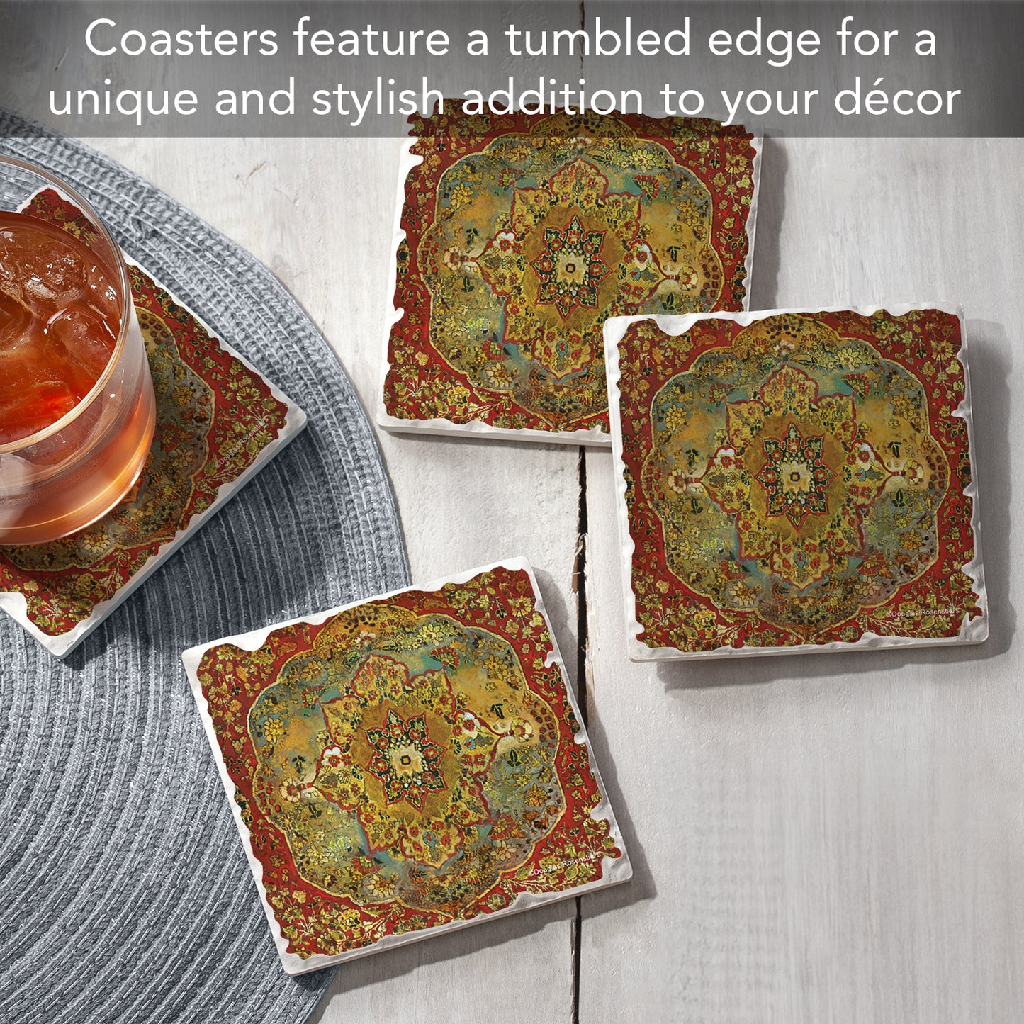 Thirstystone Grand Bazaar 4 Pack Tumbled Tile Stone Coasters 4" Square Manufactured in the USA