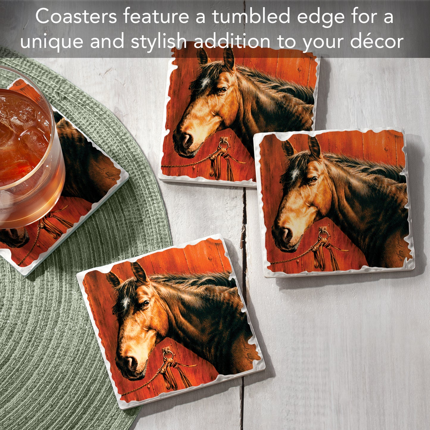 Thirstystone Horse Portrait 4 Pack Tumbled Tile Stone Coasters 4" Square Manufactured in the USA