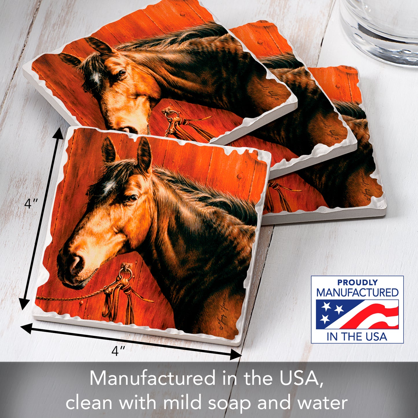 Thirstystone Horse Portrait 4 Pack Tumbled Tile Stone Coasters 4" Square Manufactured in the USA