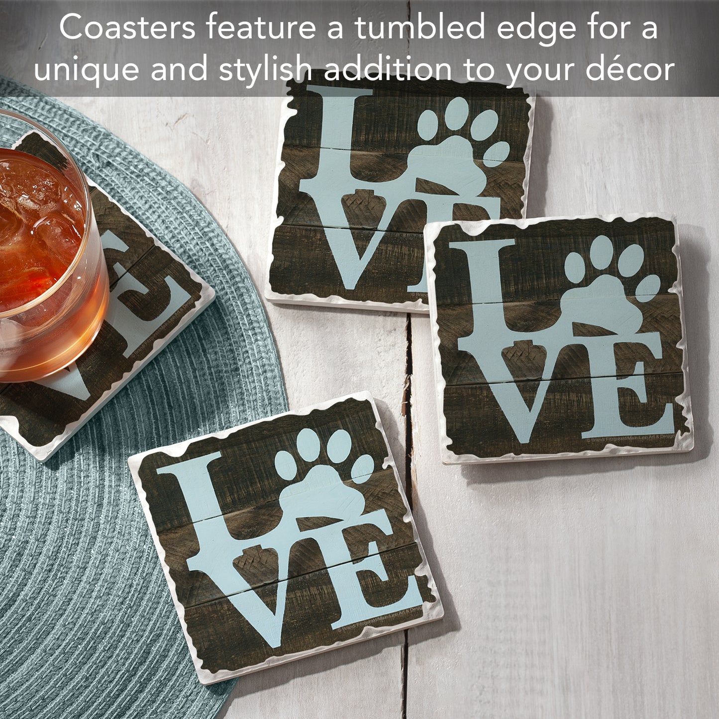 Thirstystone Love Pets 4 Pack Tumbled Tile Stone Coasters 4" Square Manufactured in the USA