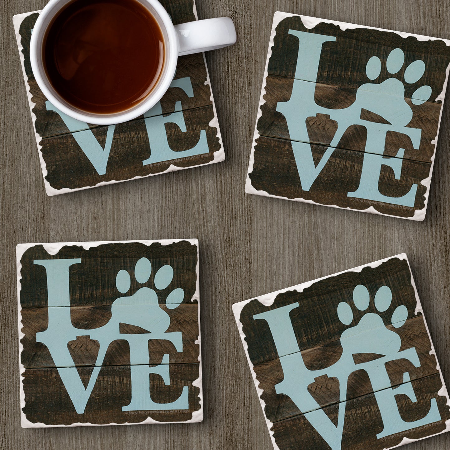 Thirstystone Love Pets 4 Pack Tumbled Tile Stone Coasters 4" Square Manufactured in the USA