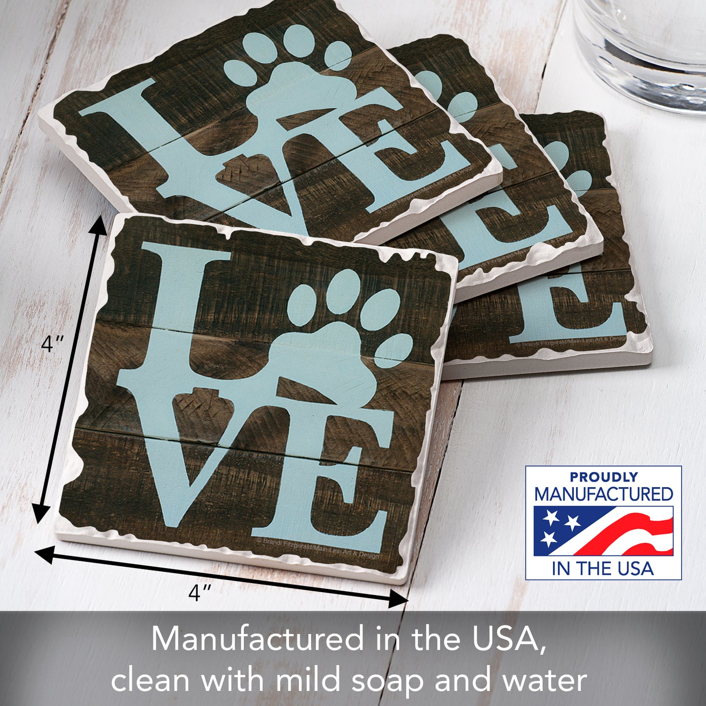 Thirstystone Love Pets 4 Pack Tumbled Tile Stone Coasters 4" Square Manufactured in the USA