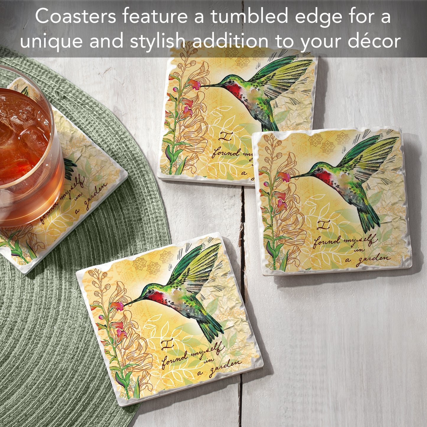 Thirstystone Hummingbird Flight 4 Pack Tumbled Tile Stone Coasters 4" Square Manufactured in the USA