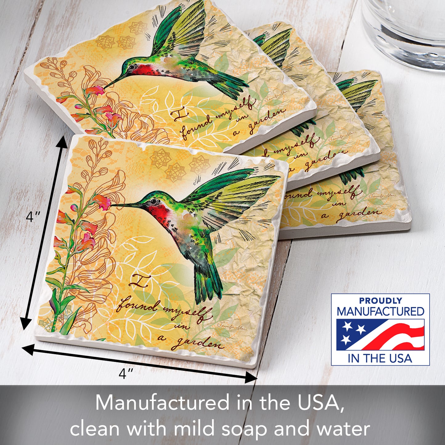 Thirstystone Hummingbird Flight 4 Pack Tumbled Tile Stone Coasters 4" Square Manufactured in the USA