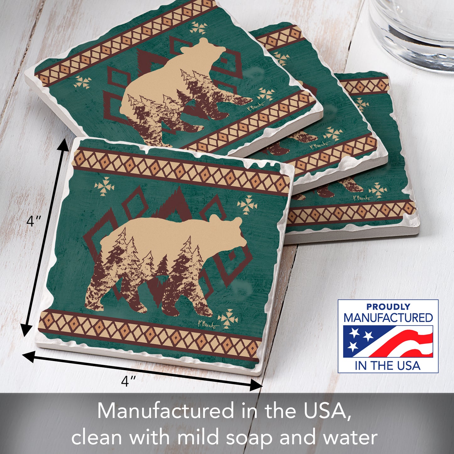 Thirstystone Bear Lodge 4 Pack Tumbled Tile Stone Coasters 4: Square Manufactured in the USA