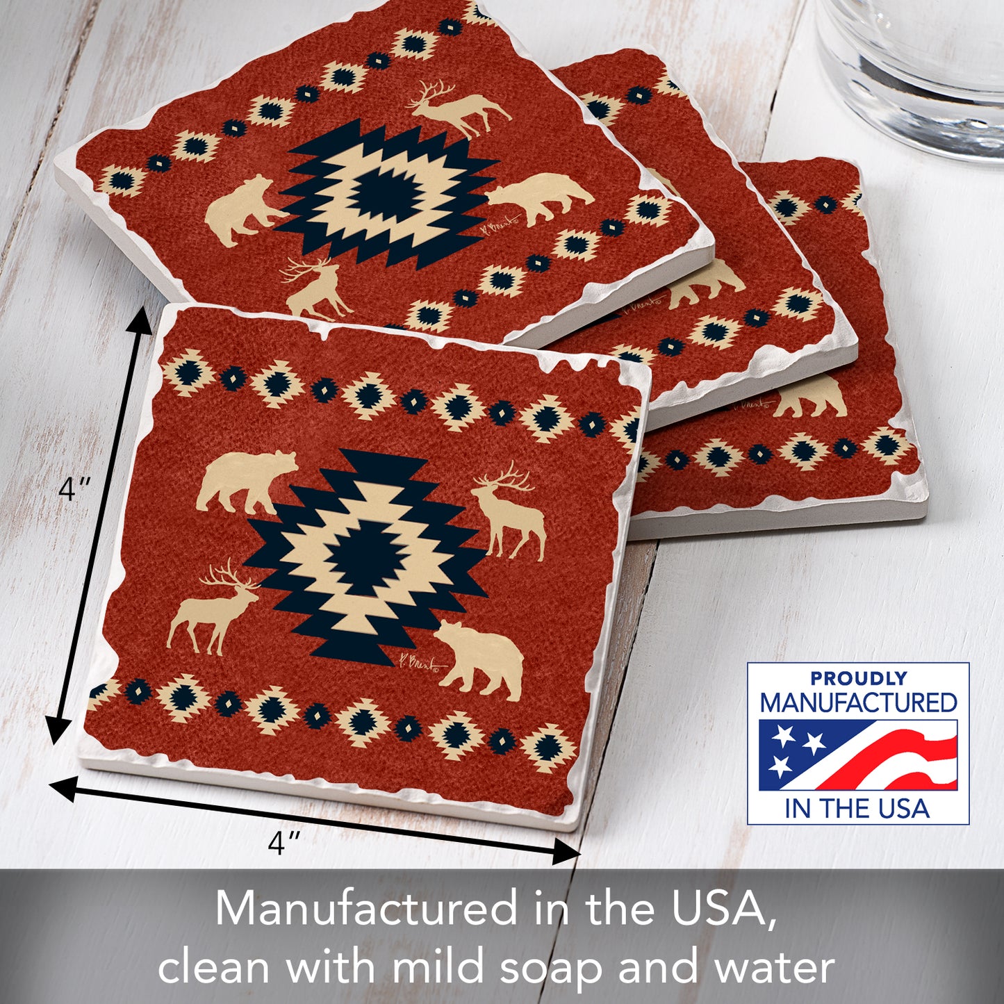Thirstystone Aztec Lodge IV 4 Pack Tumbled Tile Stone Coasters 4" Square Manufactured in the USA