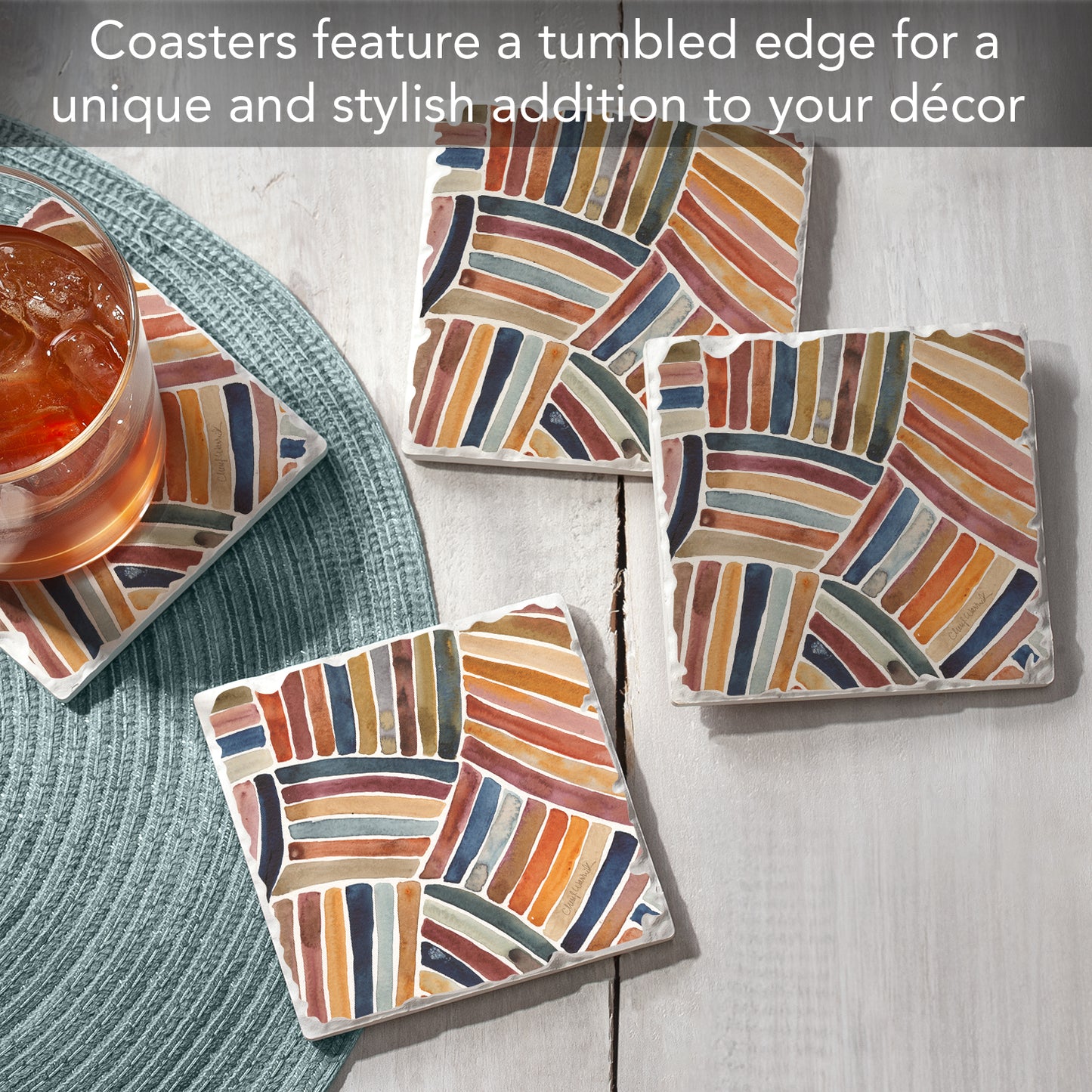 Thirstystone Furrow 4 Pack Tumbled Tile Stone Coasters 4" Square Manufactured in the USA