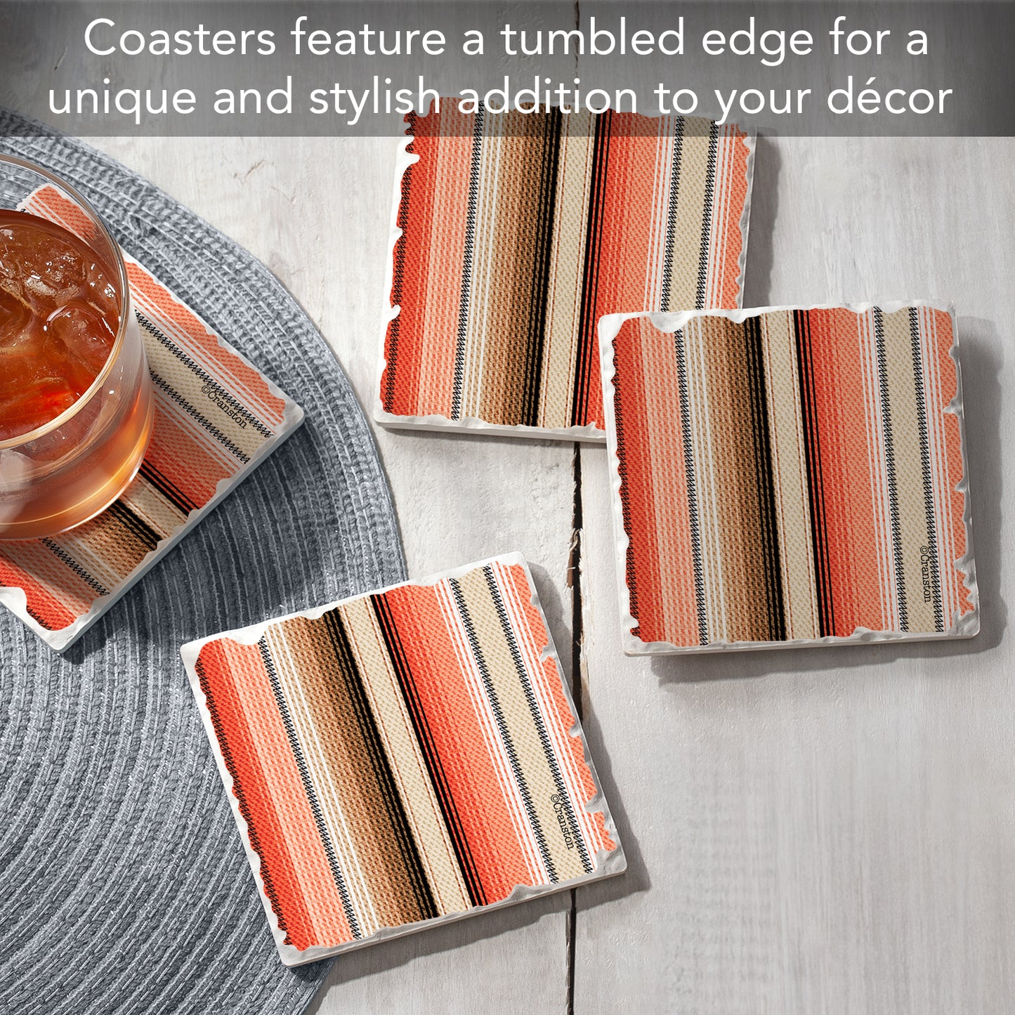 Thirstystone Southwest Orange Stripe 4 Pack Tumbled Tile Stone Coasters 4" Square Manufactured in the USA