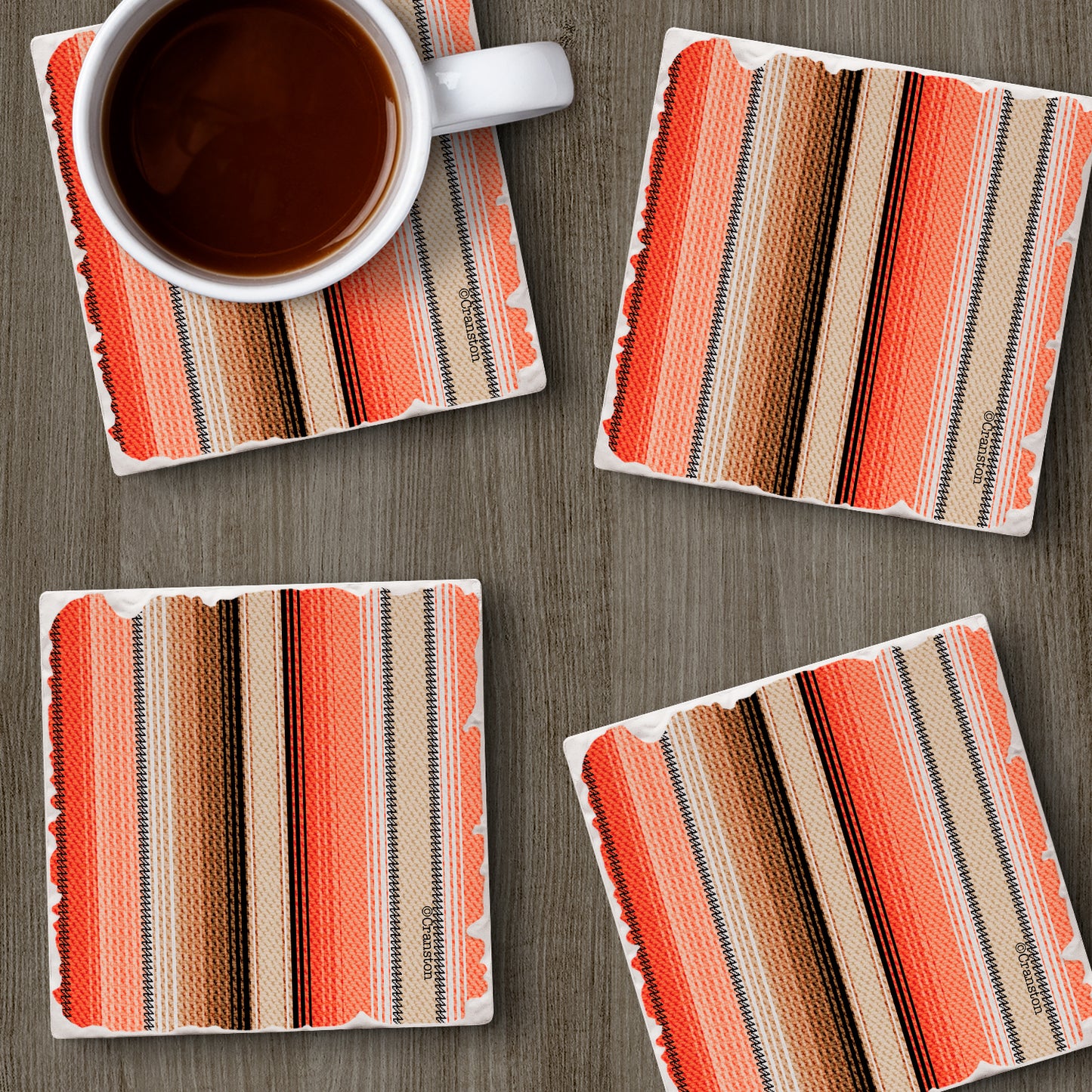 Thirstystone Southwest Orange Stripe 4 Pack Tumbled Tile Stone Coasters 4" Square Manufactured in the USA