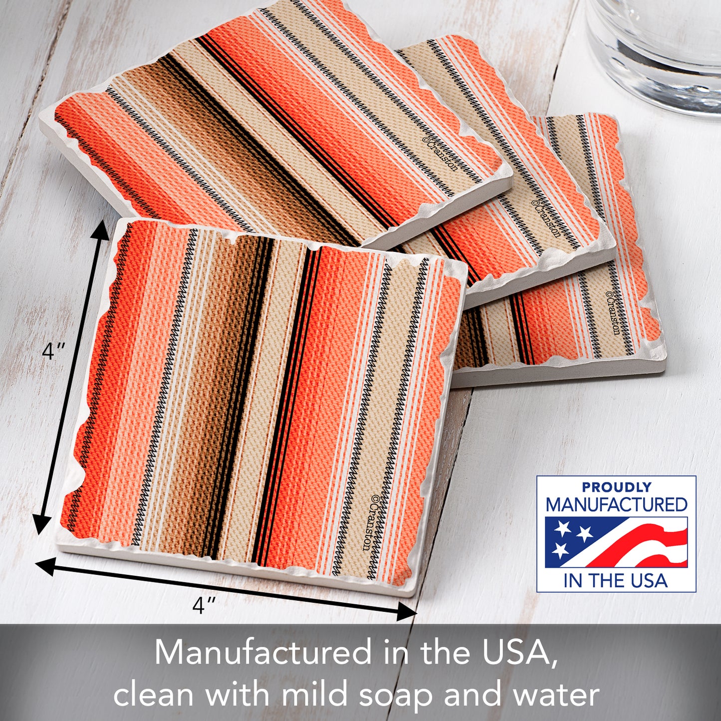 Thirstystone Southwest Orange Stripe 4 Pack Tumbled Tile Stone Coasters 4" Square Manufactured in the USA