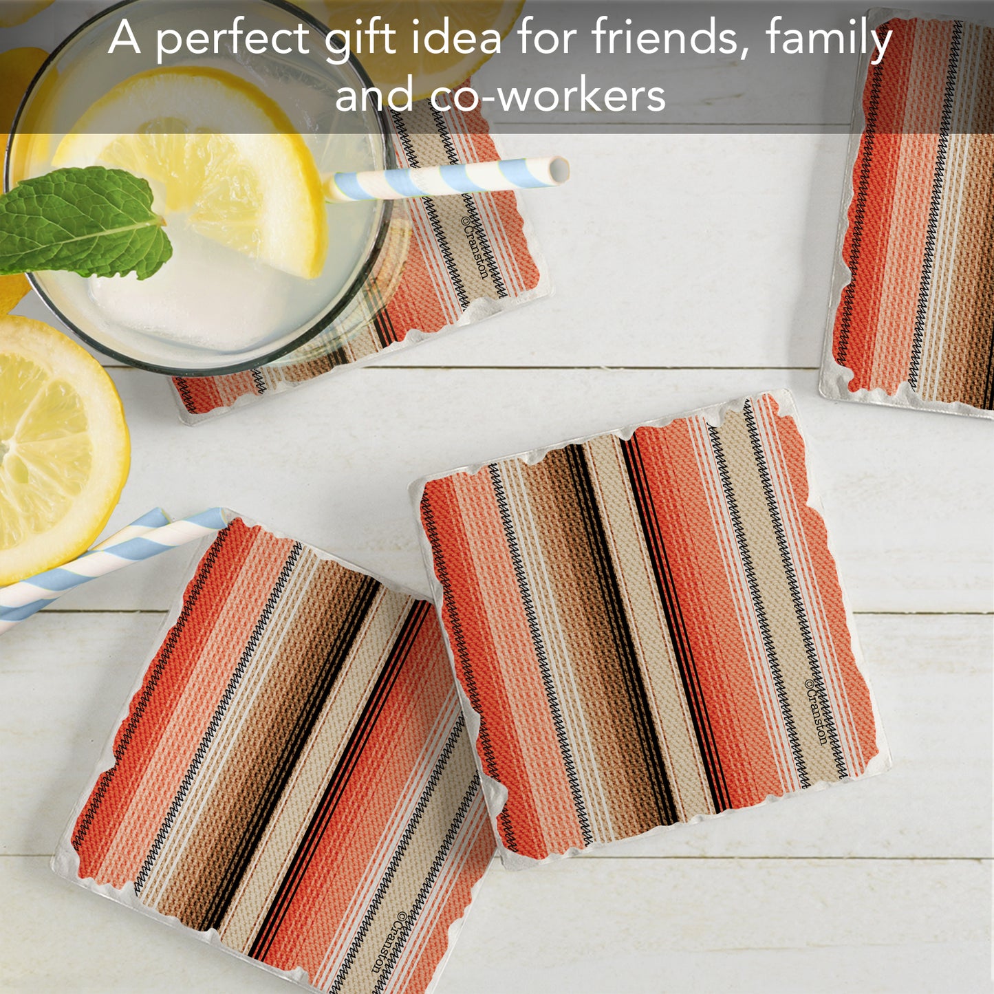 Thirstystone Southwest Orange Stripe 4 Pack Tumbled Tile Stone Coasters 4" Square Manufactured in the USA