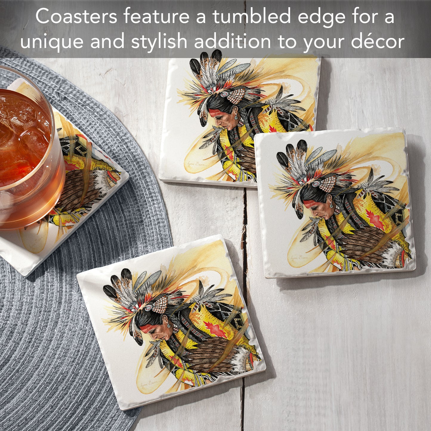 Thirstystone Chief 4 Pack Tumbled Tile Stone Coasters 4" Square Manufactured in the USA