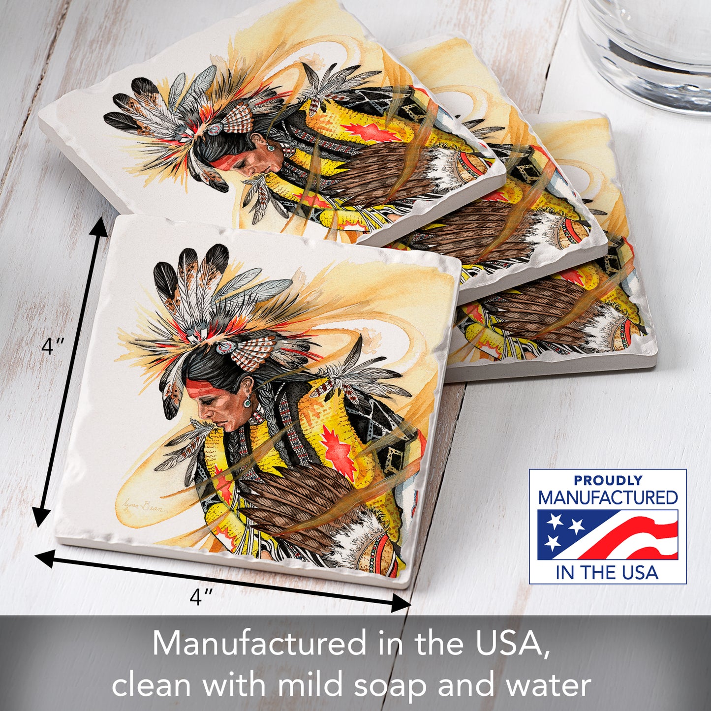 Thirstystone Chief 4 Pack Tumbled Tile Stone Coasters 4" Square Manufactured in the USA