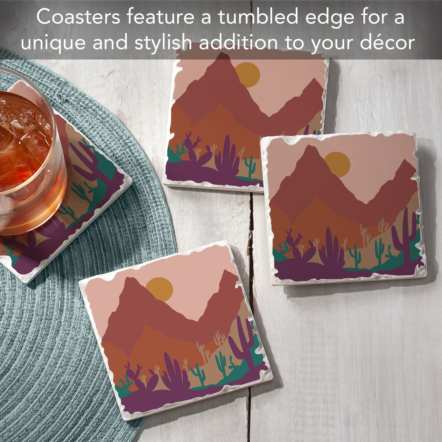 Thirstystone Southwestern Palette 4 Pack Tumbled Tile Stone Coasters 4" Square Manufactured in the USA