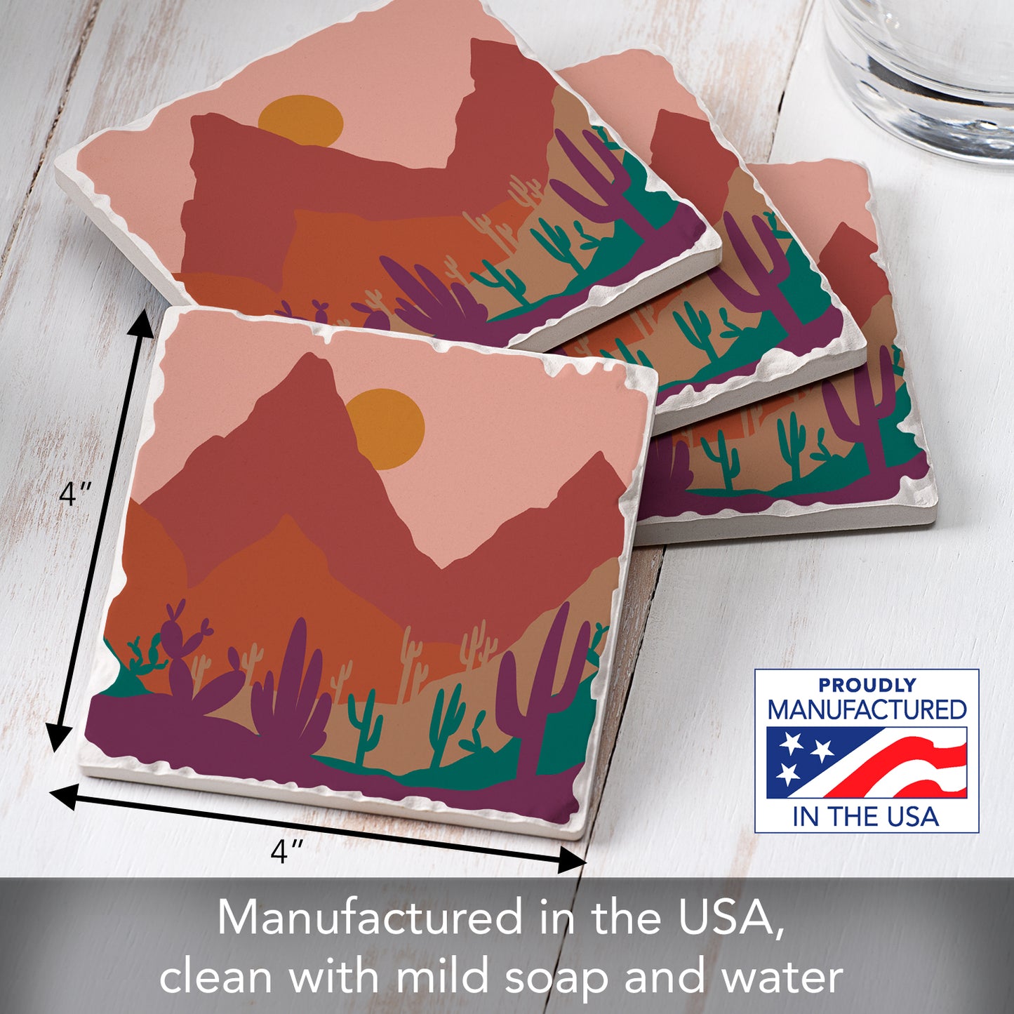 Thirstystone Southwestern Palette 4 Pack Tumbled Tile Stone Coasters 4" Square Manufactured in the USA