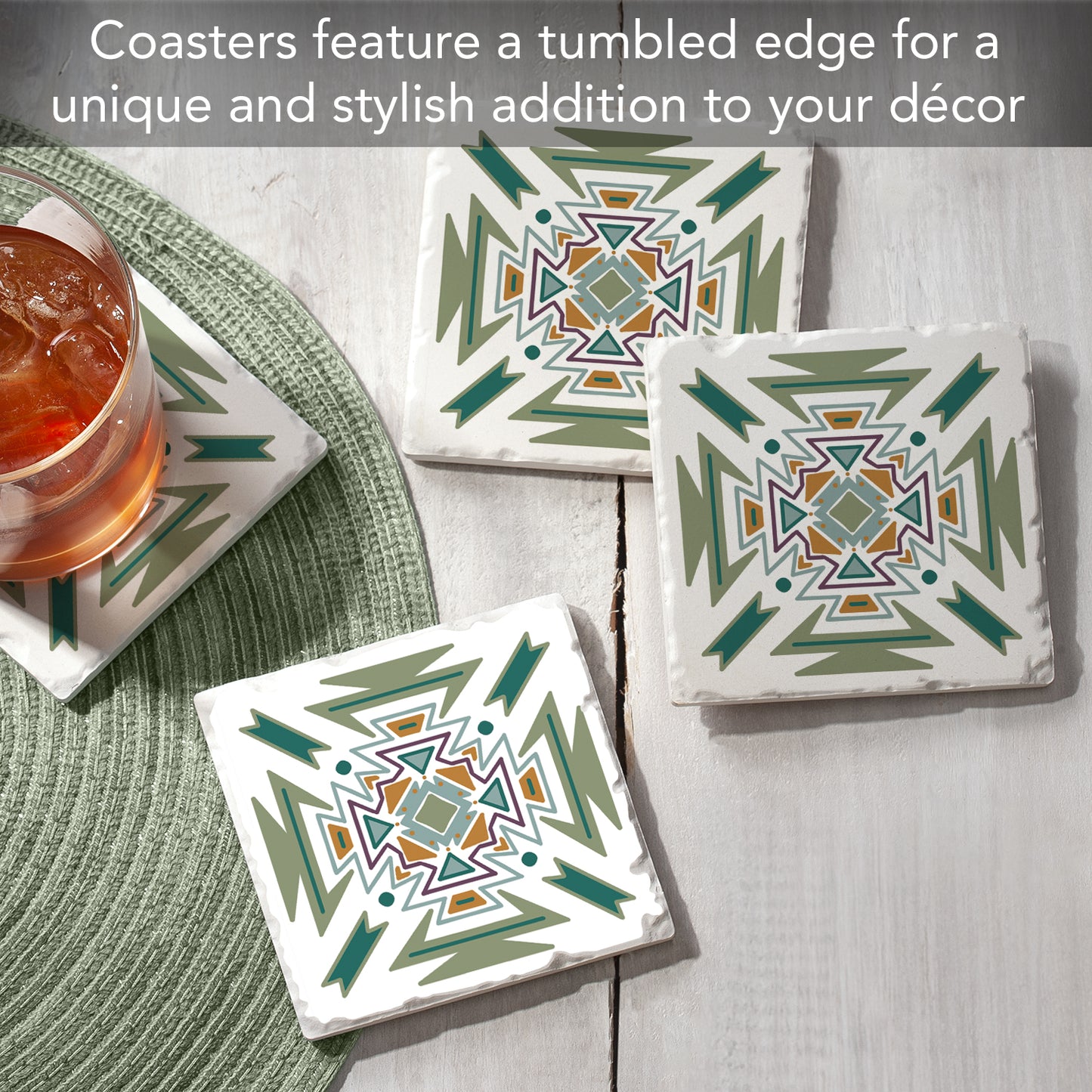Thirstystone Green Navajo 4 Pack Tumbled Tile Stone Coasters 4" Square Manufactured in the USA