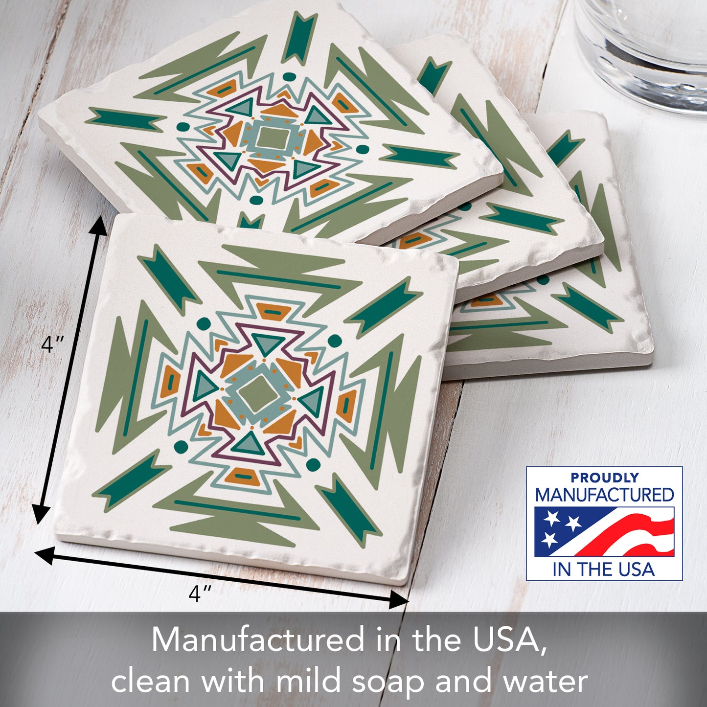 Thirstystone Green Navajo 4 Pack Tumbled Tile Stone Coasters 4" Square Manufactured in the USA