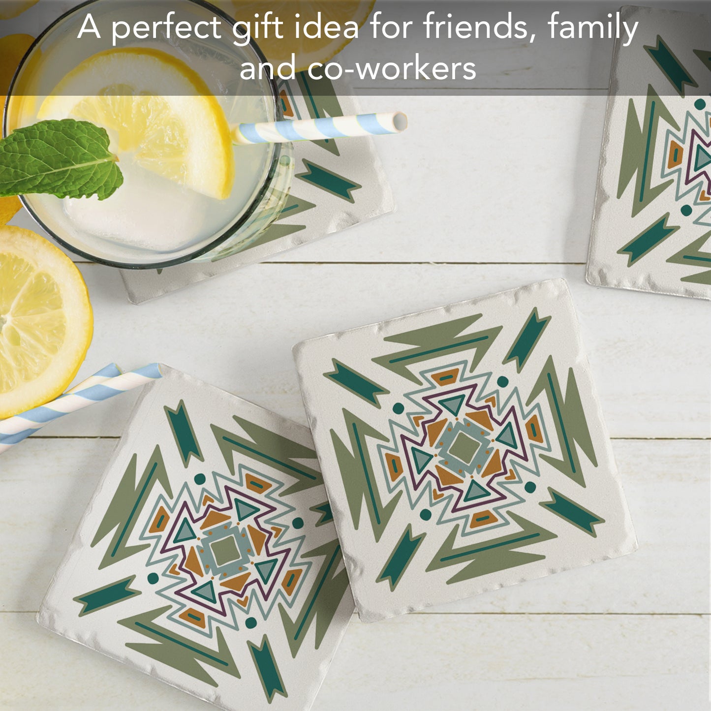 Thirstystone Green Navajo 4 Pack Tumbled Tile Stone Coasters 4" Square Manufactured in the USA