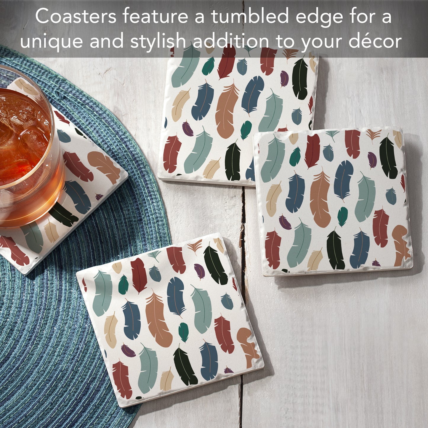 Thirstystone Feather Repeat 4 Pack Tumbled Tile Stone Coasters 4" Square Manufactured in the USA