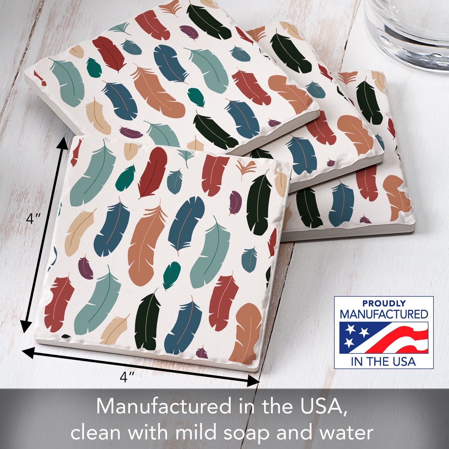 Thirstystone Feather Repeat 4 Pack Tumbled Tile Stone Coasters 4" Square Manufactured in the USA